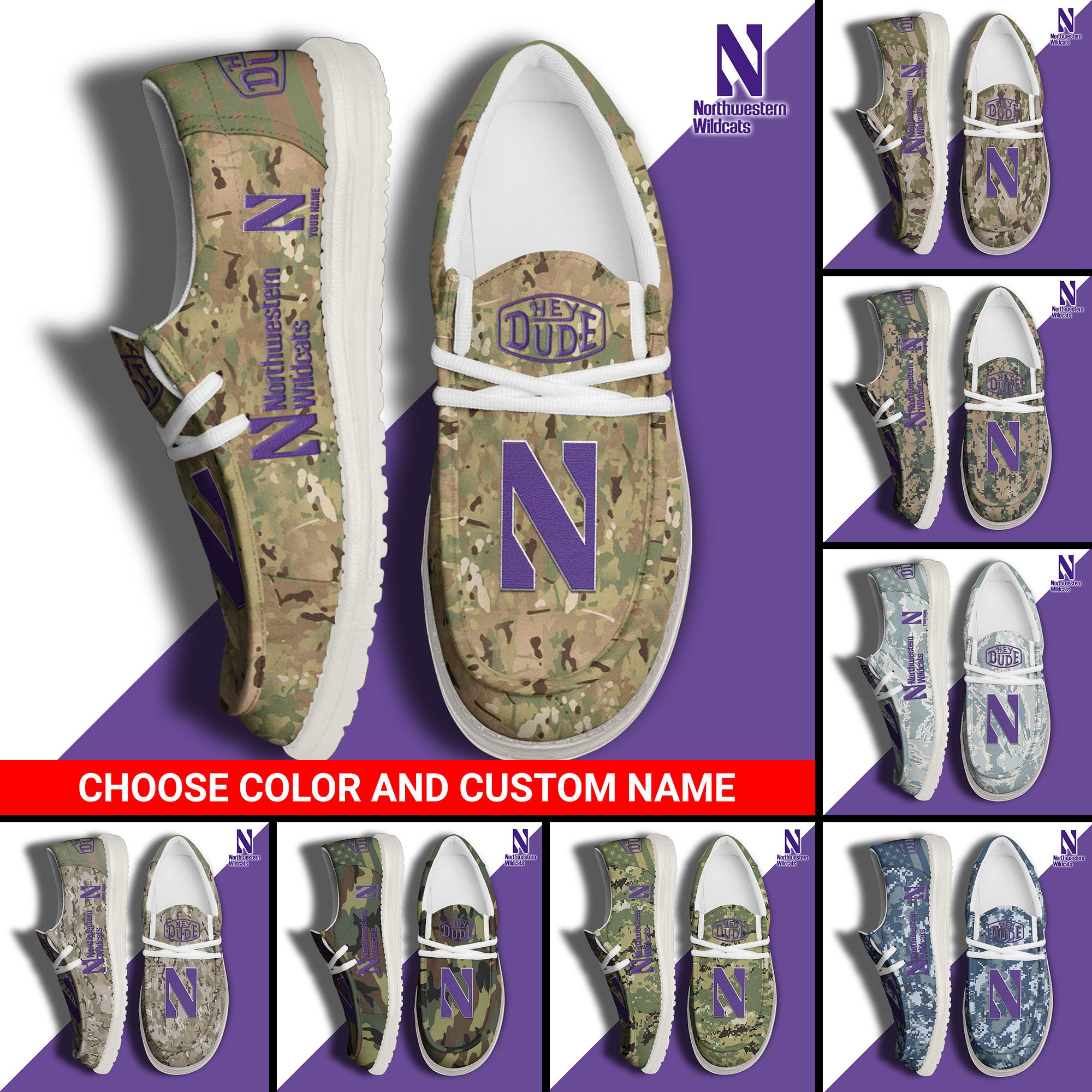 Northwestern Wildcats Football Hey Dude Canvas Loafer Shoes Custom Your Name And Choose Your Camo, Sport Shoes For Fan, Fan Gifts EHIVM-61210