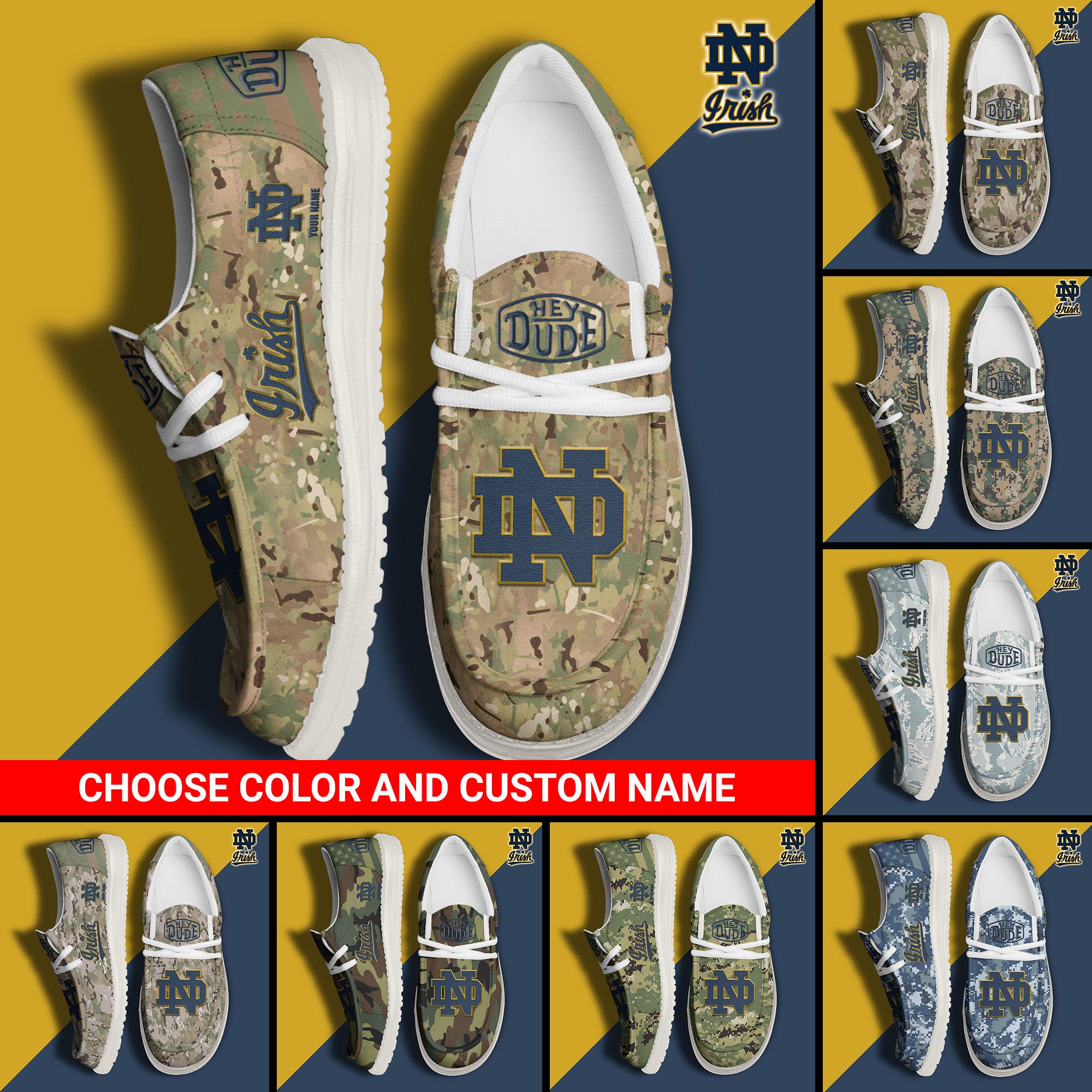 Notre Dame Fighting Irish Football Hey Dude Canvas Loafer Shoes Custom Your Name And Choose Your Camo, Sport Shoes For Fan, Fan Gifts  EHIVM-61210