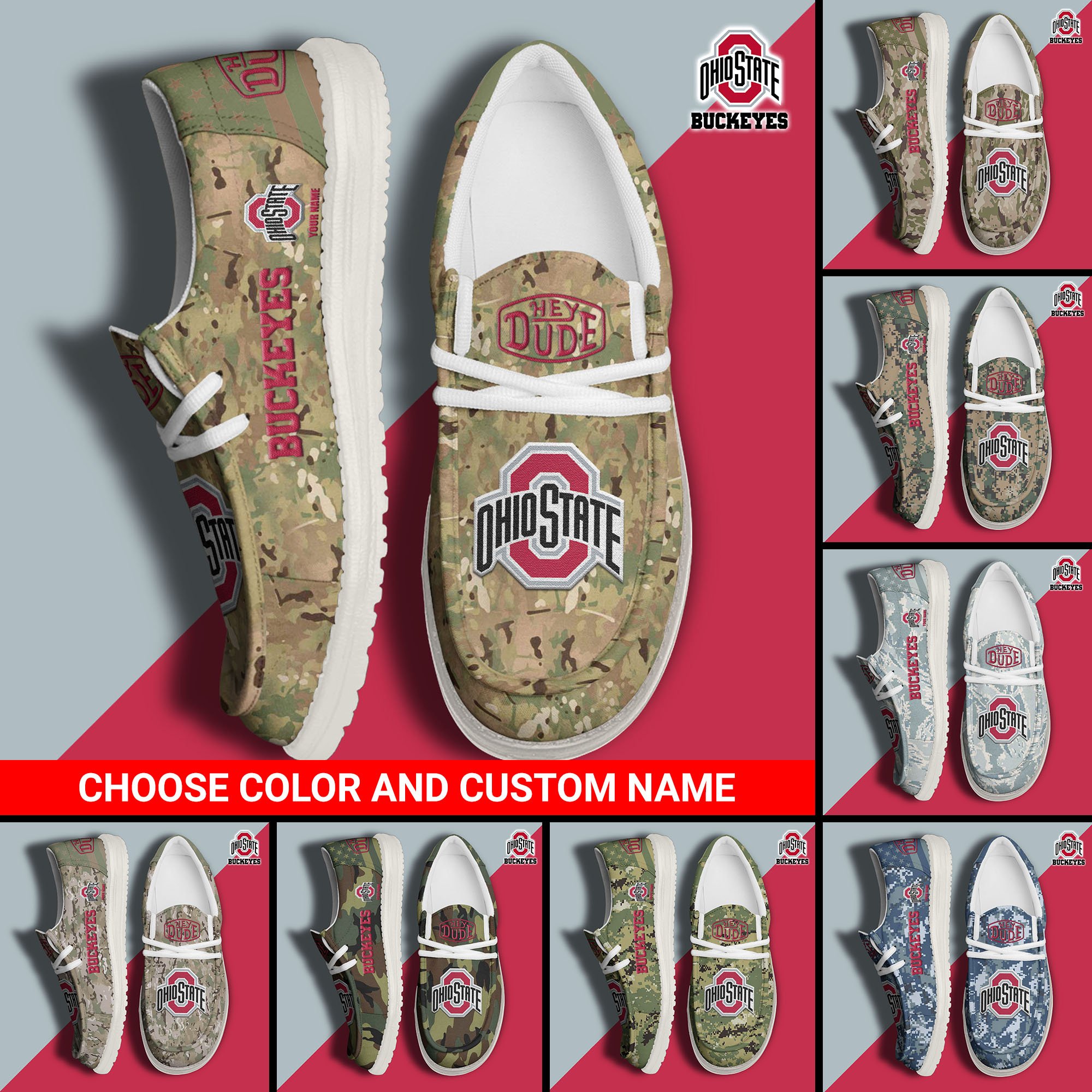 Ohio State Buckeyes Football Hey Dude Canvas Loafer Shoes Custom Your Name And Choose Your Camo, Sport Shoes For Fan, Fan Gifts EHIVM-61210