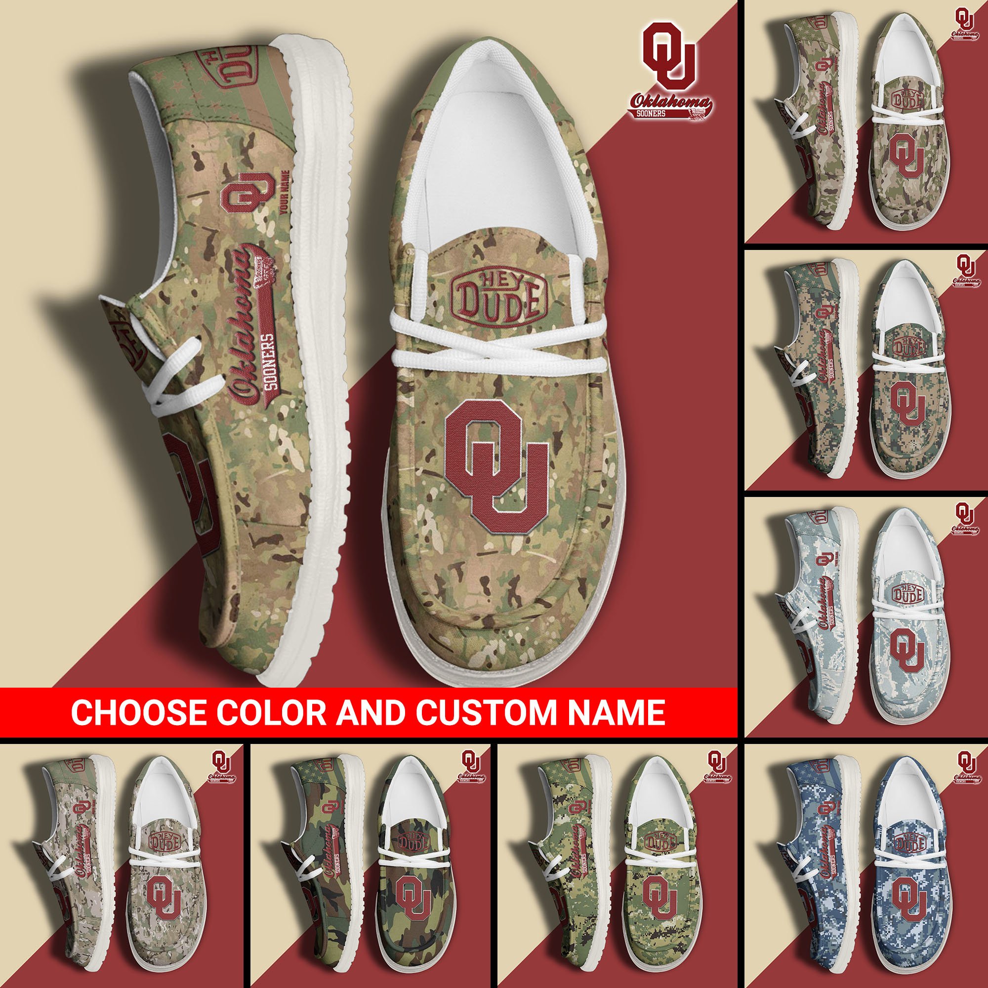 Oklahoma Sooners Football Hey Dude Canvas Loafer Shoes Custom Your Name And Choose Your Camo, Sport Shoes For Fan, Fan Gifts EHIVM-61210