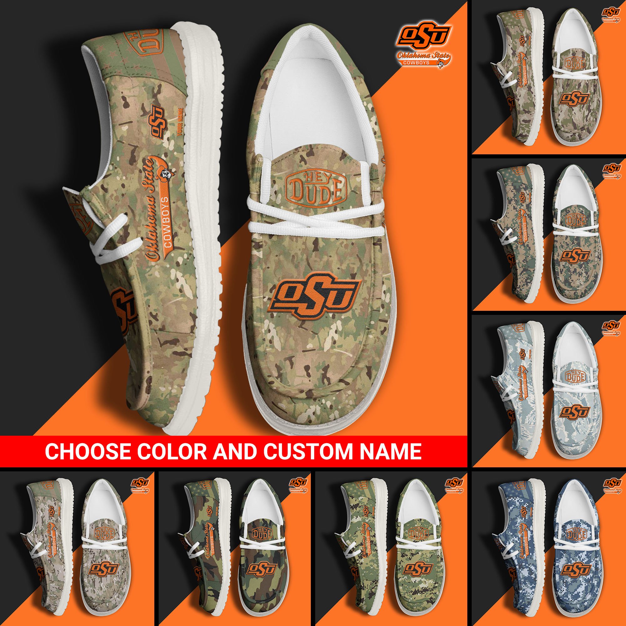 Oklahoma State Cowboys Football Hey Dude Canvas Loafer Shoes Custom Your Name And Choose Your Camo, Sport Shoes For Fan, Fan Gifts  EHIVM-61210