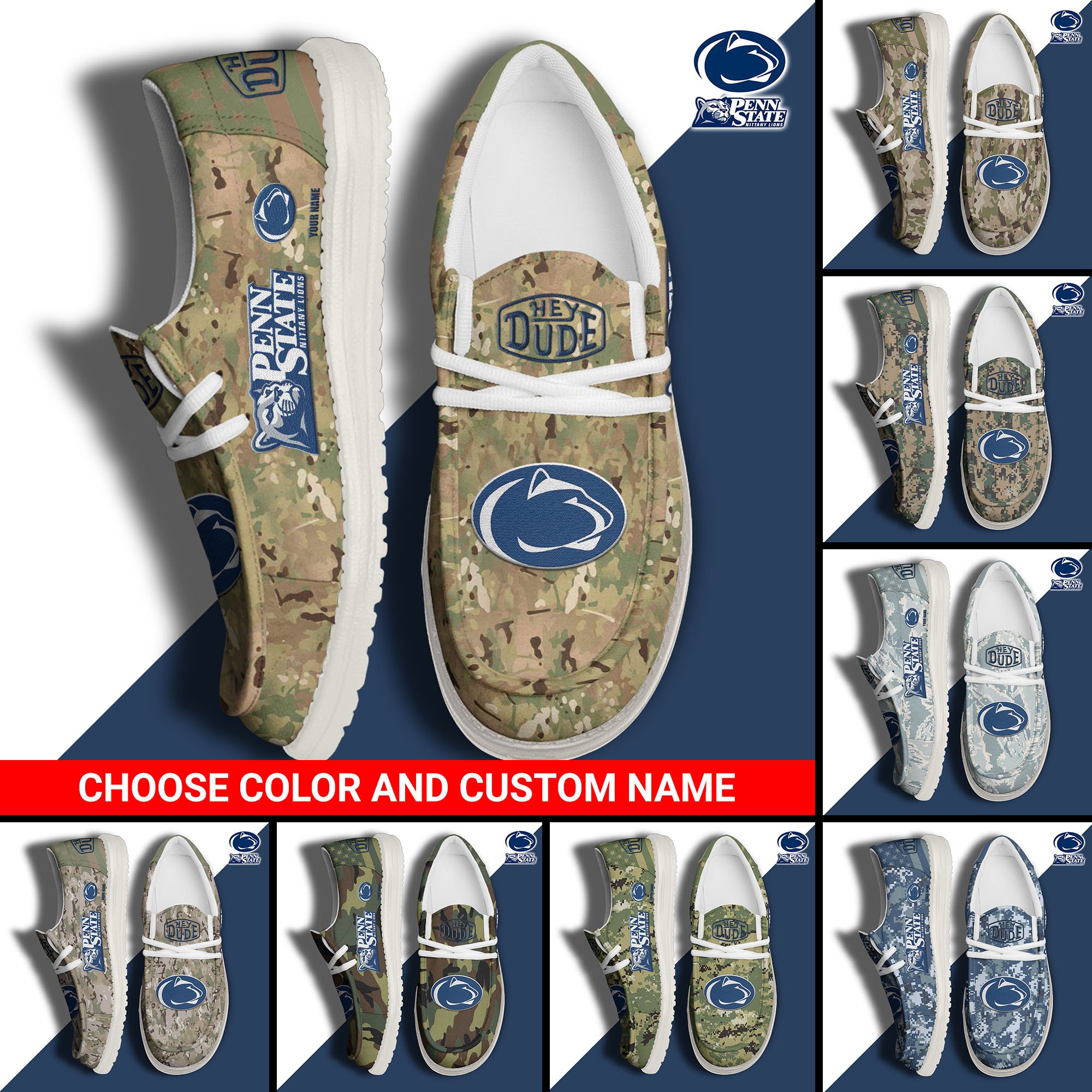 Penn State Nittany Lions Football Hey Dude Canvas Loafer Shoes Custom Your Name And Choose Your Camo, Sport Shoes For Fan, Fan Gifts  EHIVM-61210