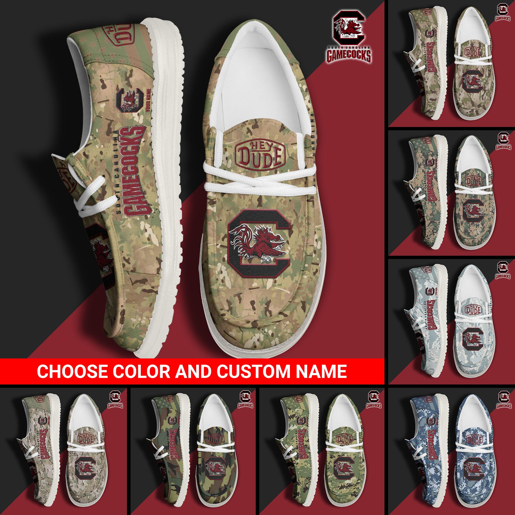 South Carolina Gamecocks Football Hey Dude Canvas Loafer Shoes Custom Your Name And Choose Your Camo, Sport Shoes For Fan, Fan Gifts EHIVM-61210