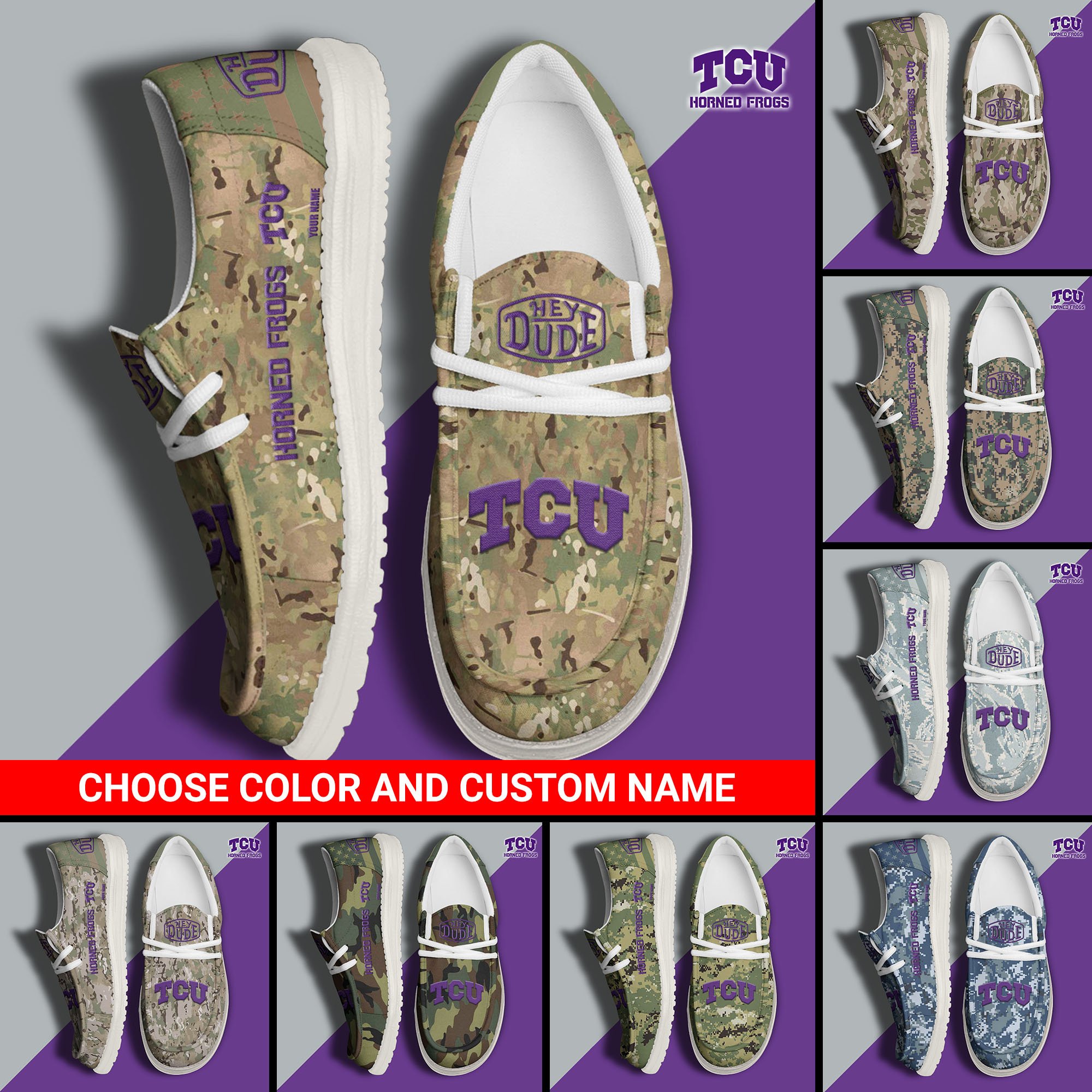 TCU Horned Frogs Football Hey Dude Canvas Loafer Shoes Custom Your Name And Choose Your Camo, Sport Shoes For Fan, Fan Gifts  EHIVM-61210