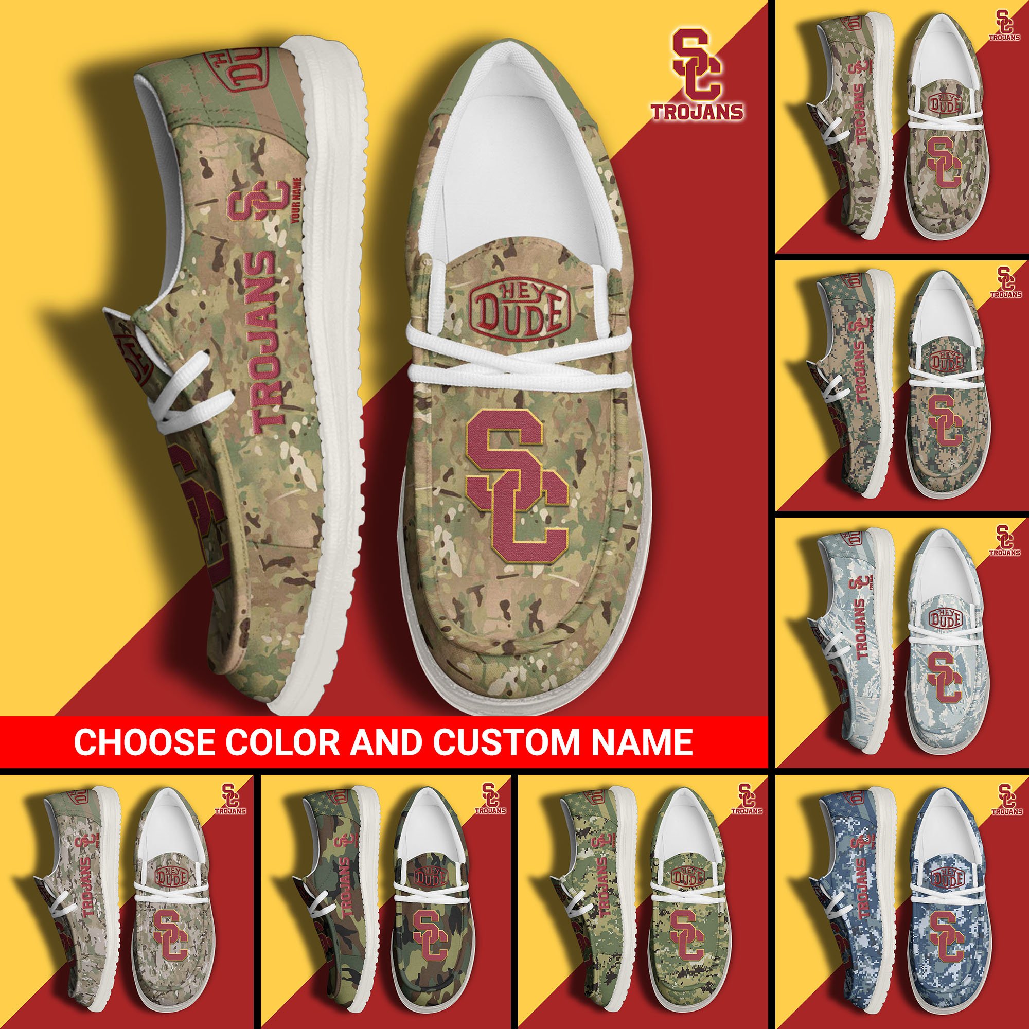 USC Trojans Football Hey Dude Canvas Loafer Shoes Custom Your Name And Choose Your Camo, Sport Shoes For Fan, Fan Gifts  EHIVM-61210