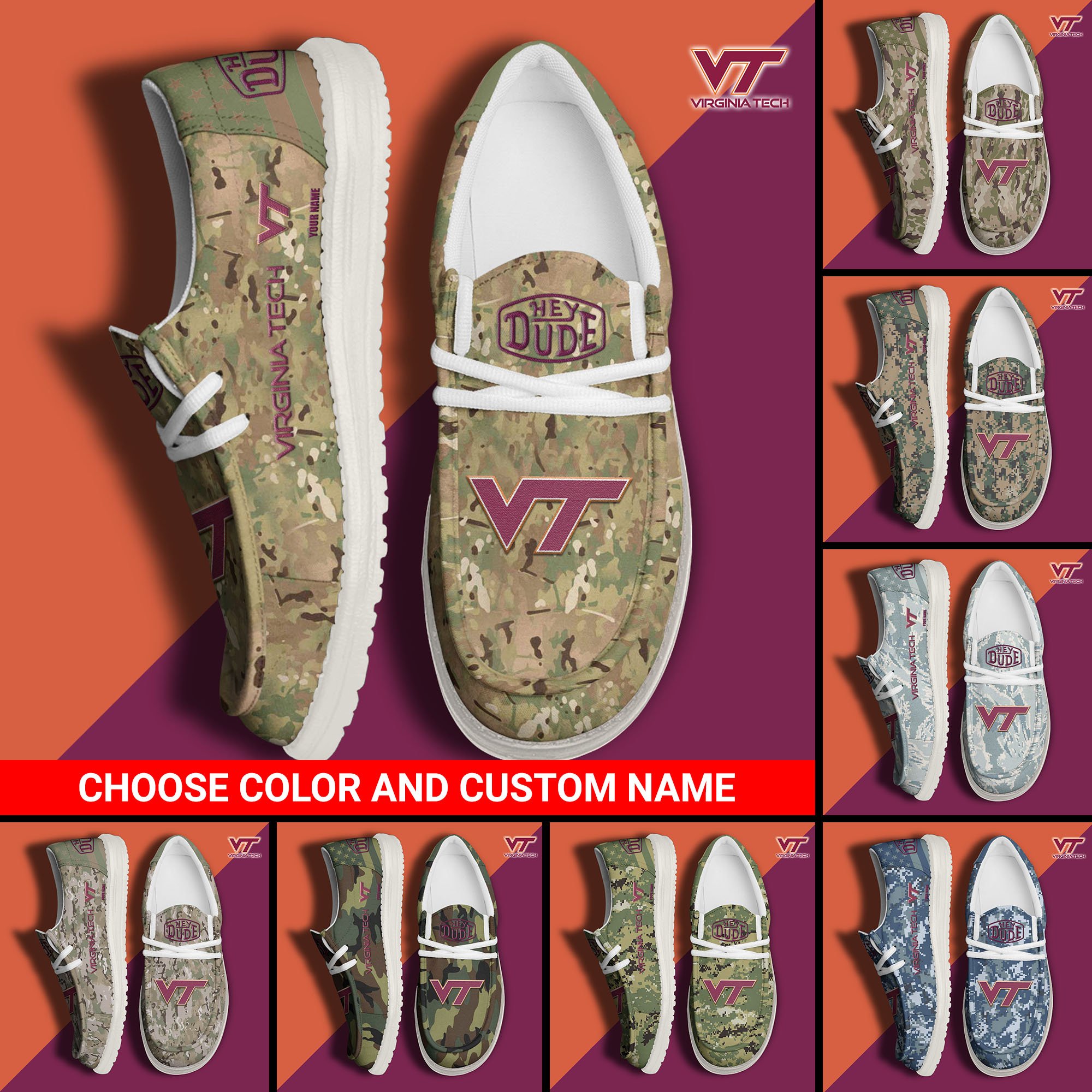 Virginia Tech Hokies Football Hey Dude Canvas Loafer Shoes Custom Your Name And Choose Your Camo, Sport Shoes For Fan, Fan Gifts  EHIVM-61210