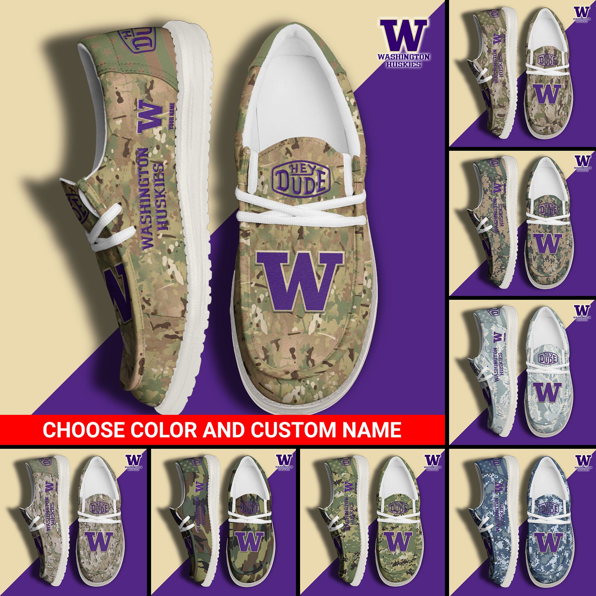 Washington Huskies Football Hey Dude Canvas Loafer Shoes Custom Your Name And Choose Your Camo, Sport Shoes For Fan, Fan Gifts  EHIVM-61210