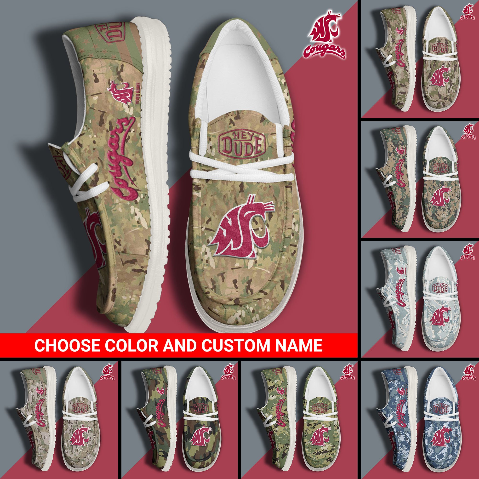 Washington State Cougars Football Hey Dude Canvas Loafer Shoes Custom Your Name And Choose Your Camo, Sport Shoes For Fan, Fan Gifts  EHIVM-61210