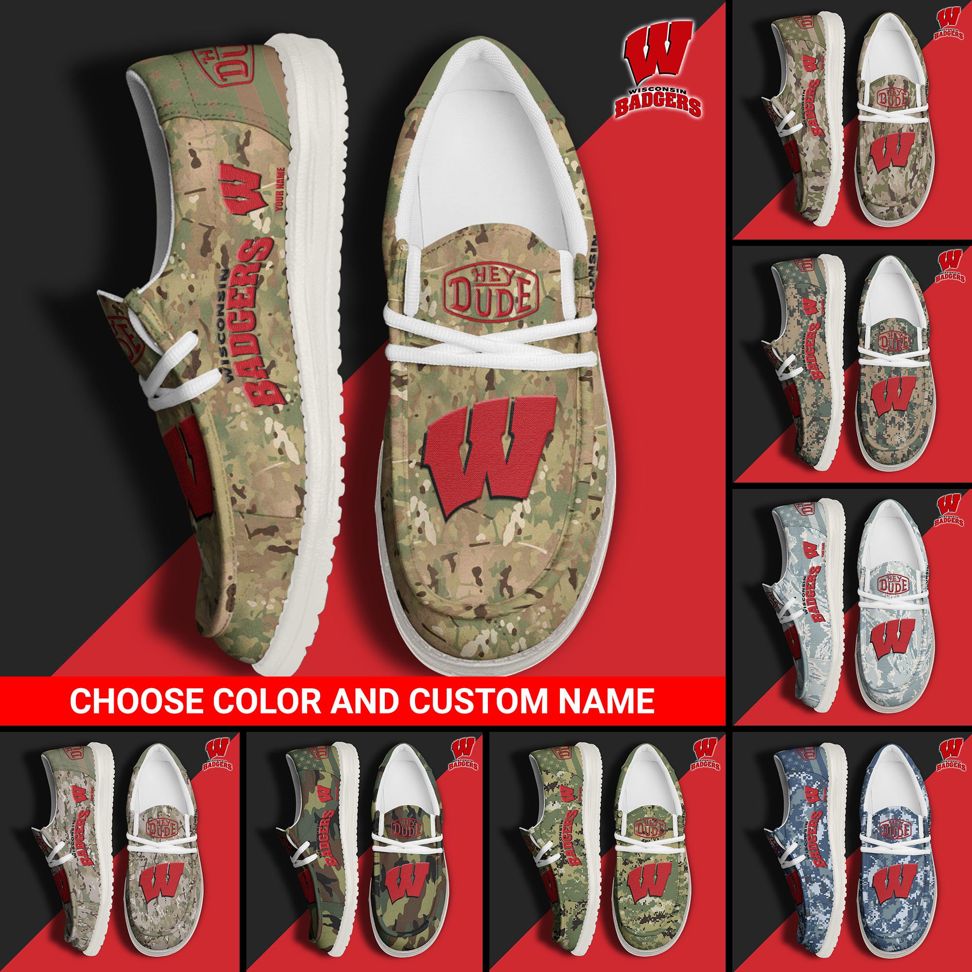 Wisconsin Badgers Football Hey Dude Canvas Loafer Shoes Custom Your Name And Choose Your Camo, Sport Shoes For Fan, Fan Gifts  EHIVM-61210