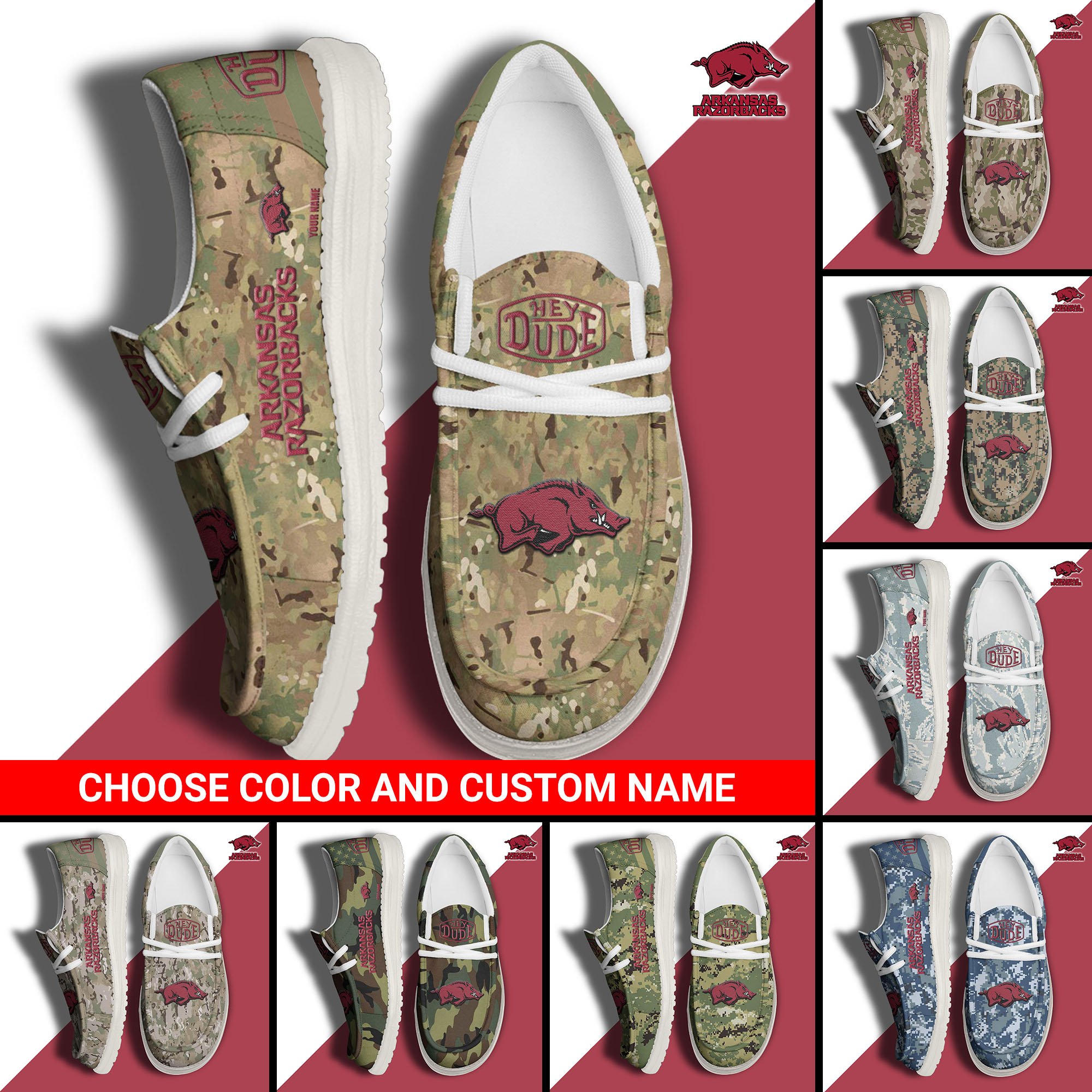 Arkansas Razorbacks Football Hey Dude Canvas Loafer Shoes Custom Your Name And Choose Your Camo, Sport Shoes For Fan, Fan Gifts  EHIVM-61210