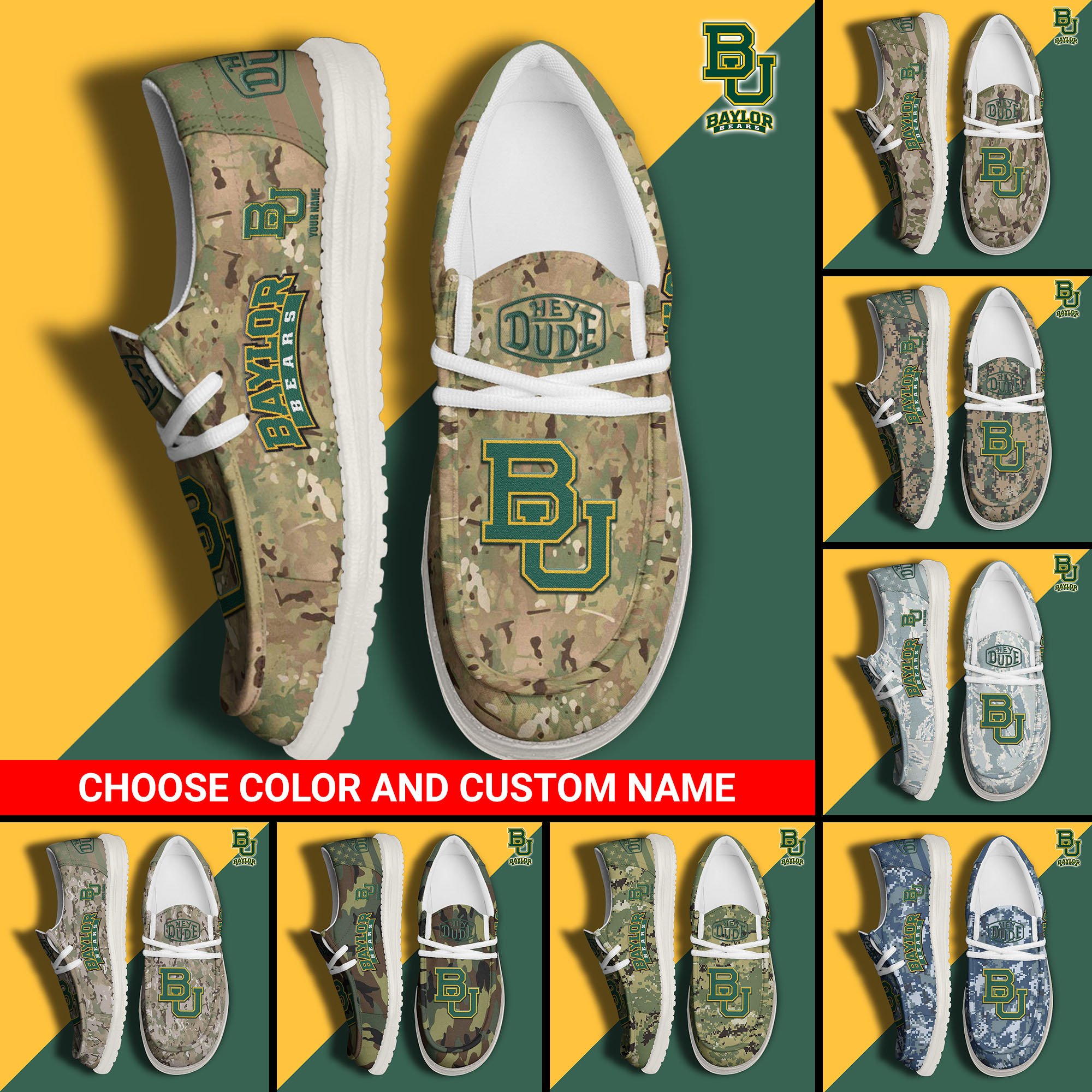 Baylor Bears Football Hey Dude Canvas Loafer Shoes Custom Your Name And Choose Your Camo, Sport Shoes For Fan, Fan Gifts  EHIVM-61210