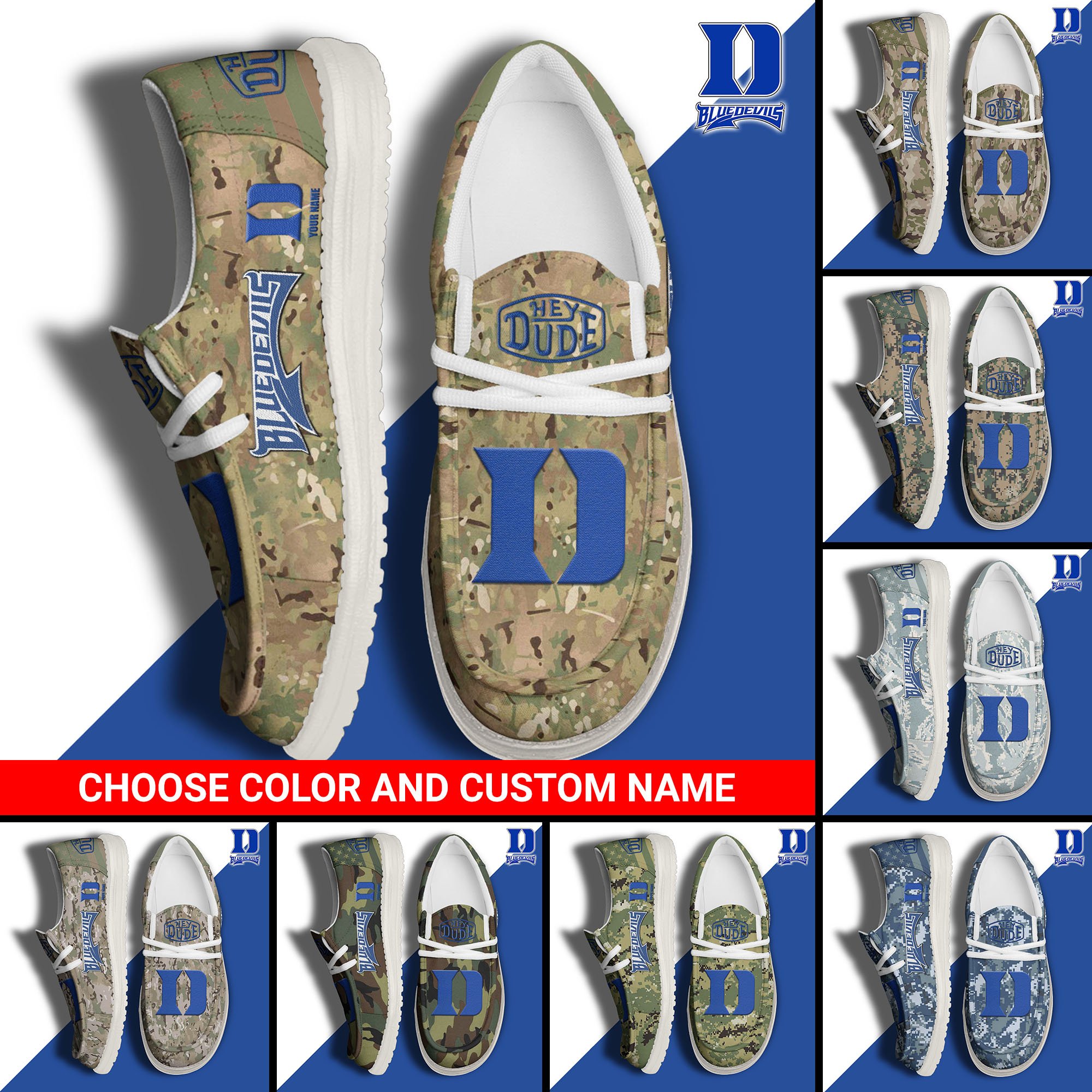 Duke Blue Devils Football Hey Dude Canvas Loafer Shoes Custom Your Name And Choose Your Camo, Sport Shoes For Fan, Fan Gifts  EHIVM-61210