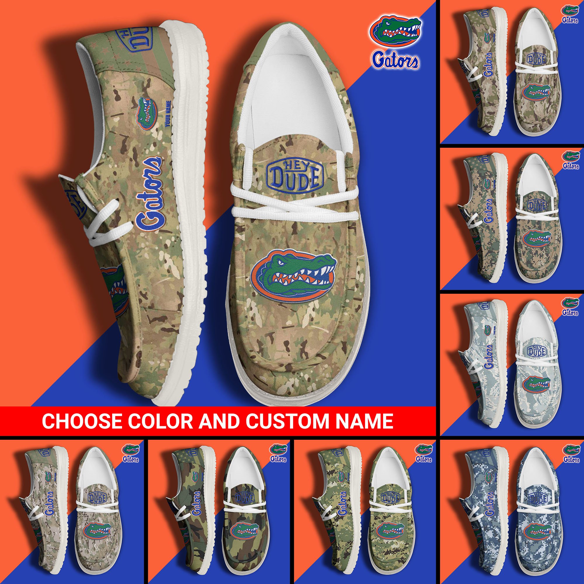 Florida Gators Football Hey Dude Canvas Loafer Shoes Custom Your Name And Choose Your Camo, Sport Shoes For Fan, Fan Gifts  EHIVM-61210