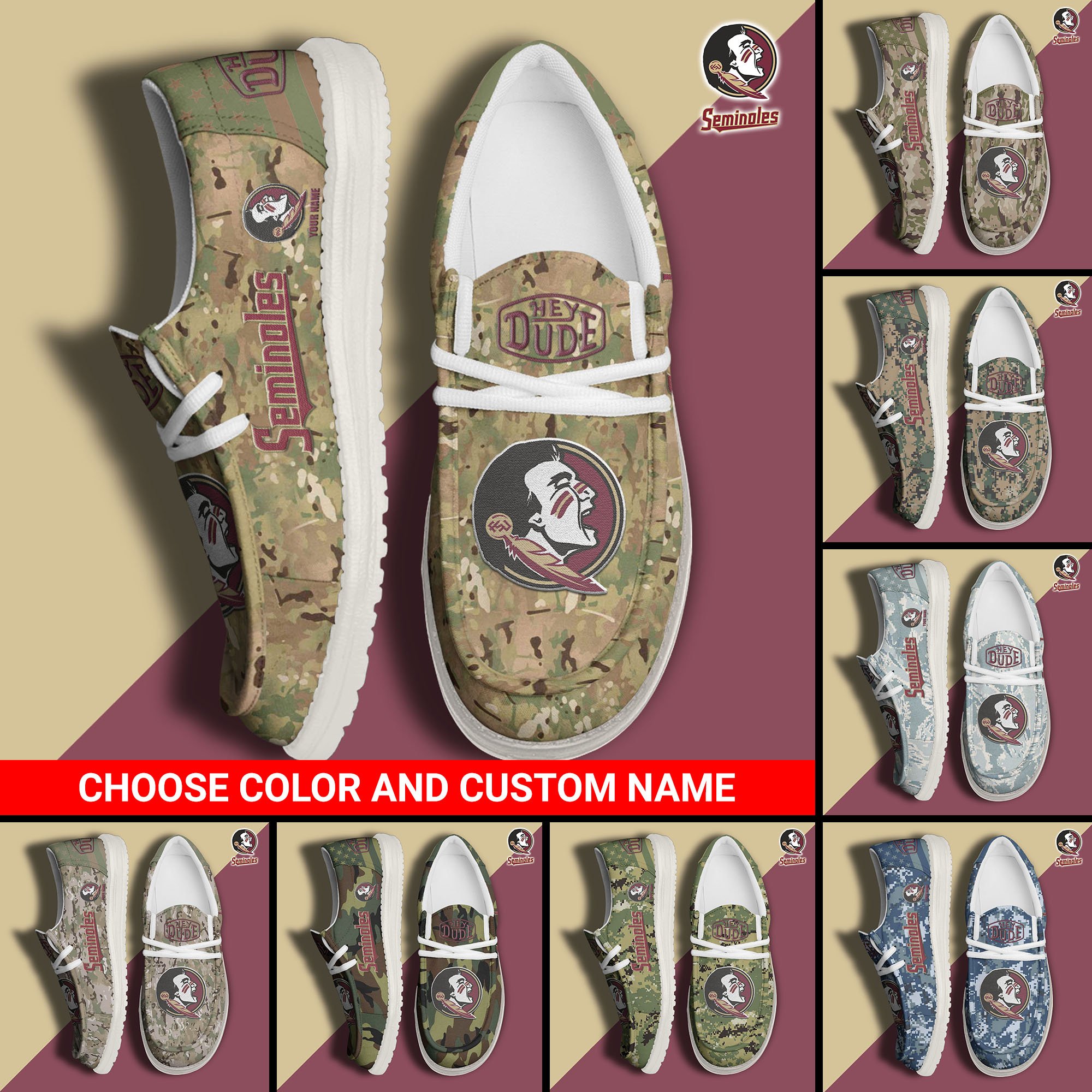 Florida State Seminoles Football Hey Dude Canvas Loafer Shoes Custom Your Name And Choose Your Camo, Sport Shoes For Fan, Fan Gifts  EHIVM-61210