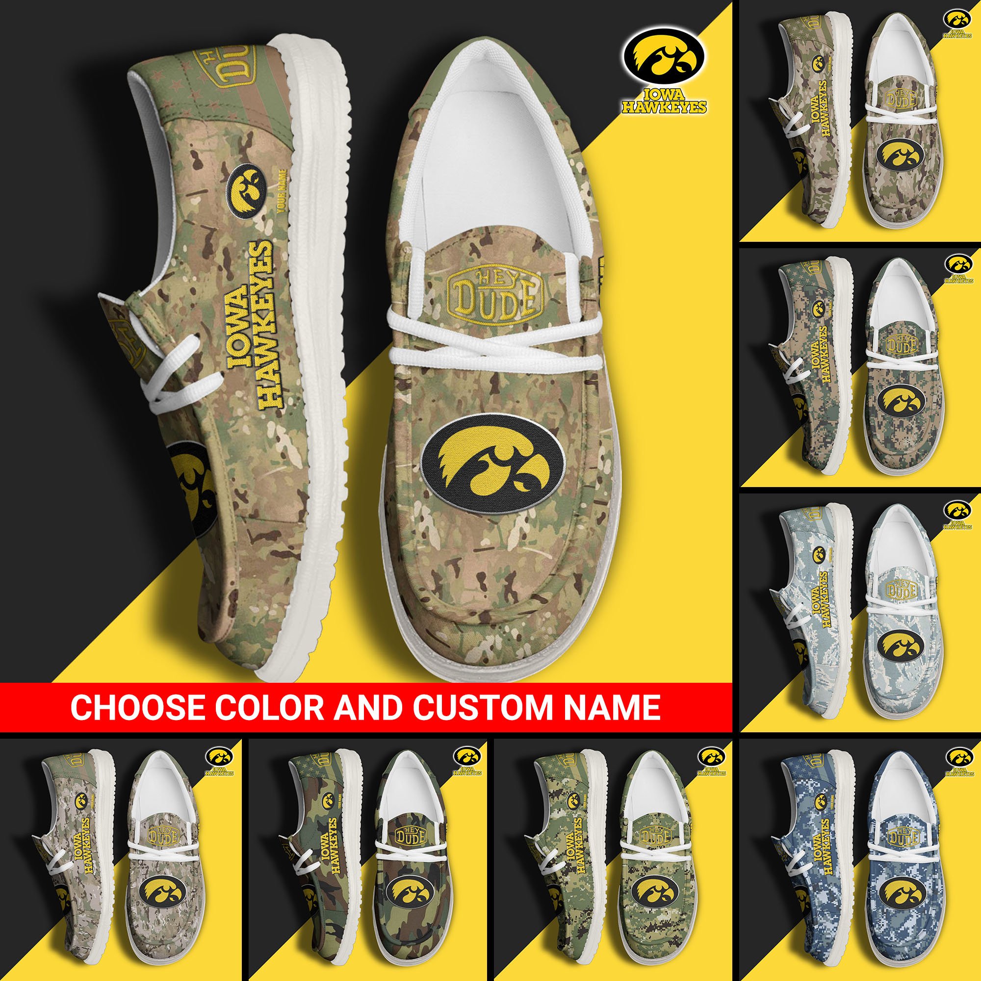 Iowa Hawkeyes Football Hey Dude Canvas Loafer Shoes Custom Your Name And Choose Your Camo, Sport Shoes For Fan, Fan Gifts  EHIVM-61210