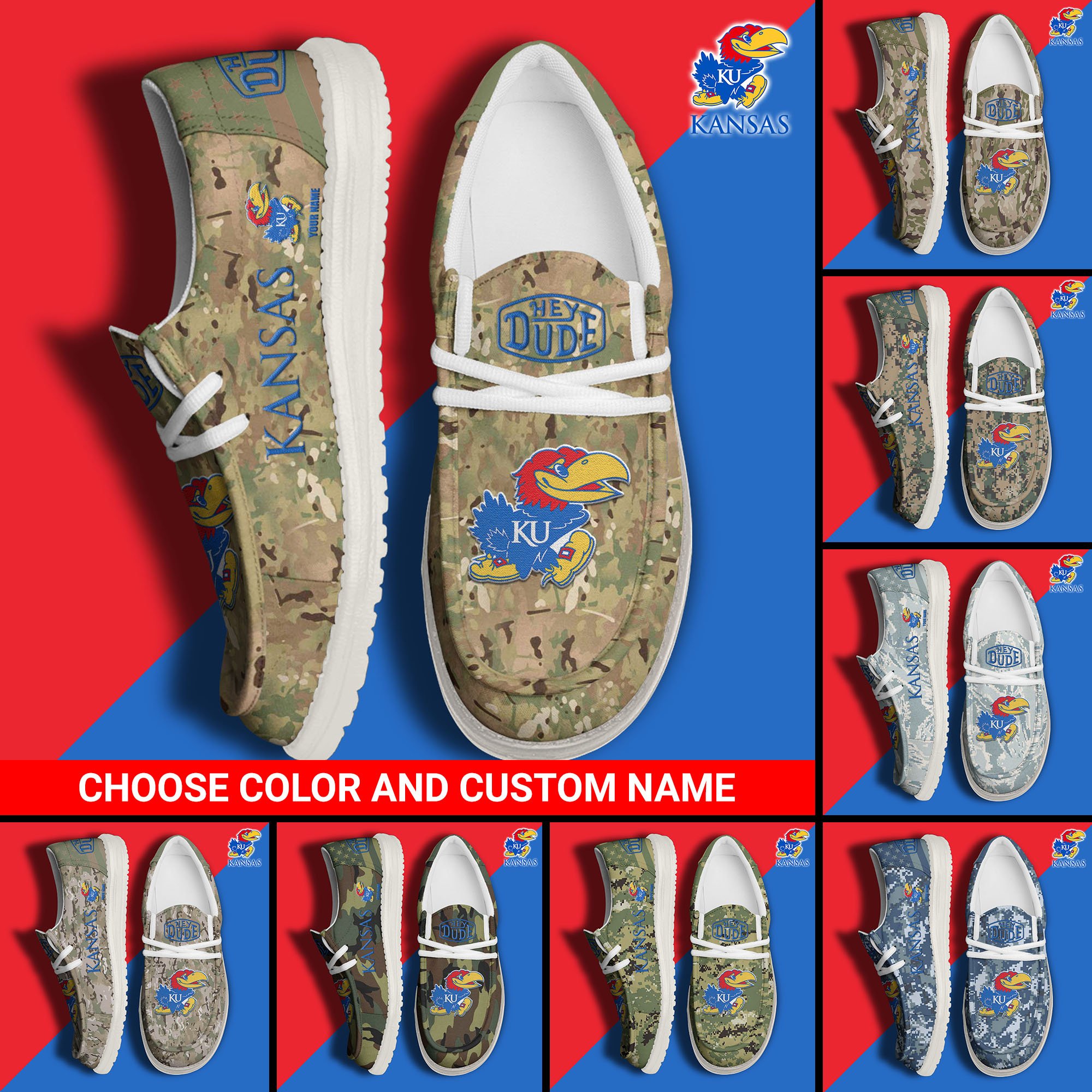 Kansas Jayhawks Football Hey Dude Canvas Loafer Shoes Custom Your Name And Choose Your Camo, Sport Shoes For Fan, Fan Gifts  EHIVM-61210