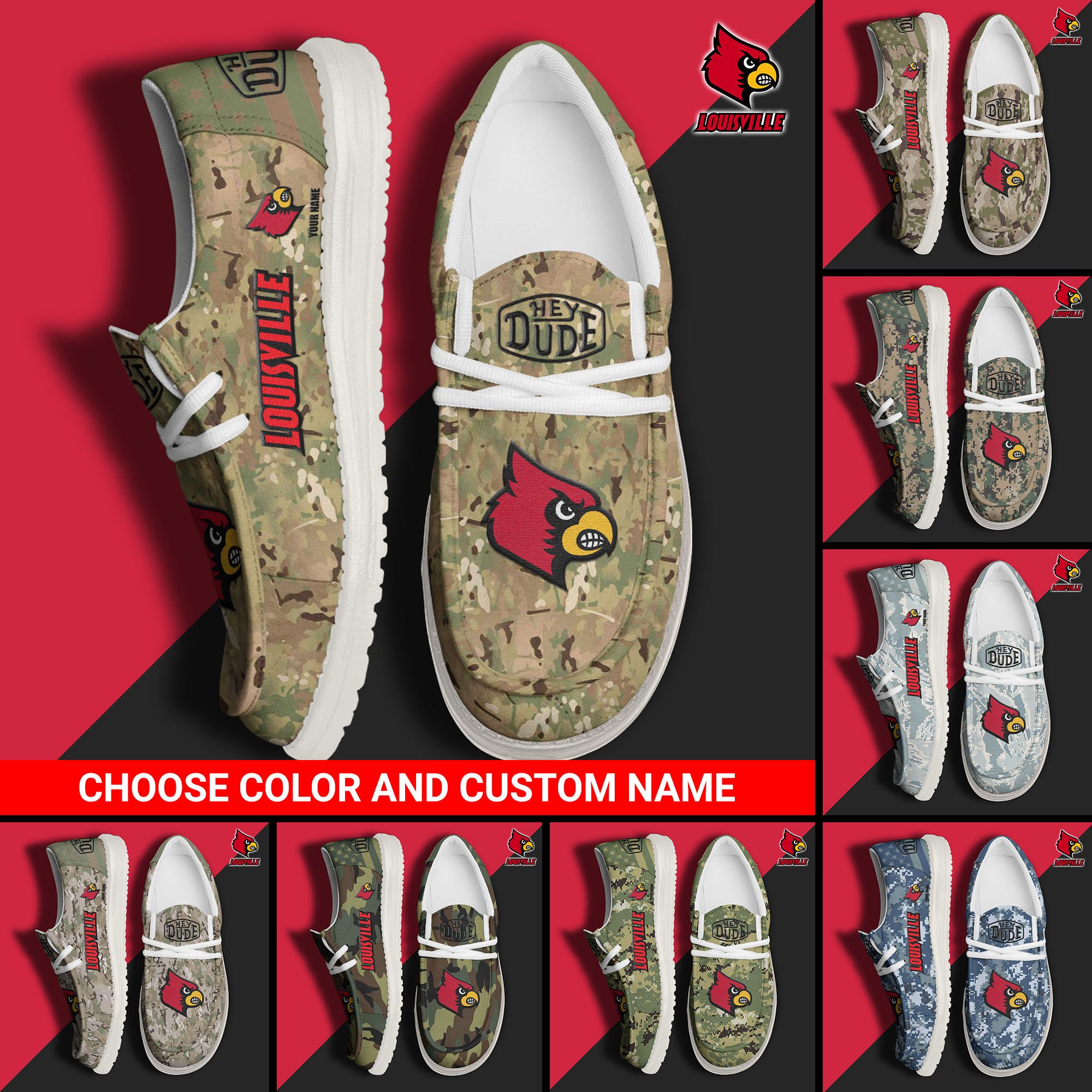 Louisville Cardinals Football Hey Dude Canvas Loafer Shoes Custom Your Name And Choose Your Camo, Sport Shoes For Fan, Fan Gifts  EHIVM-61210