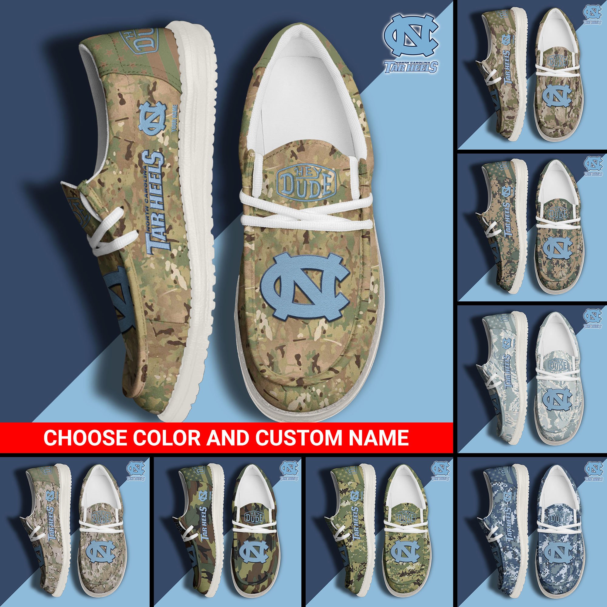 North Carolina Tar Heels Football Hey Dude Canvas Loafer Shoes Custom Your Name And Choose Your Camo, Sport Shoes For Fan, Fan Gifts  EHIVM-61210