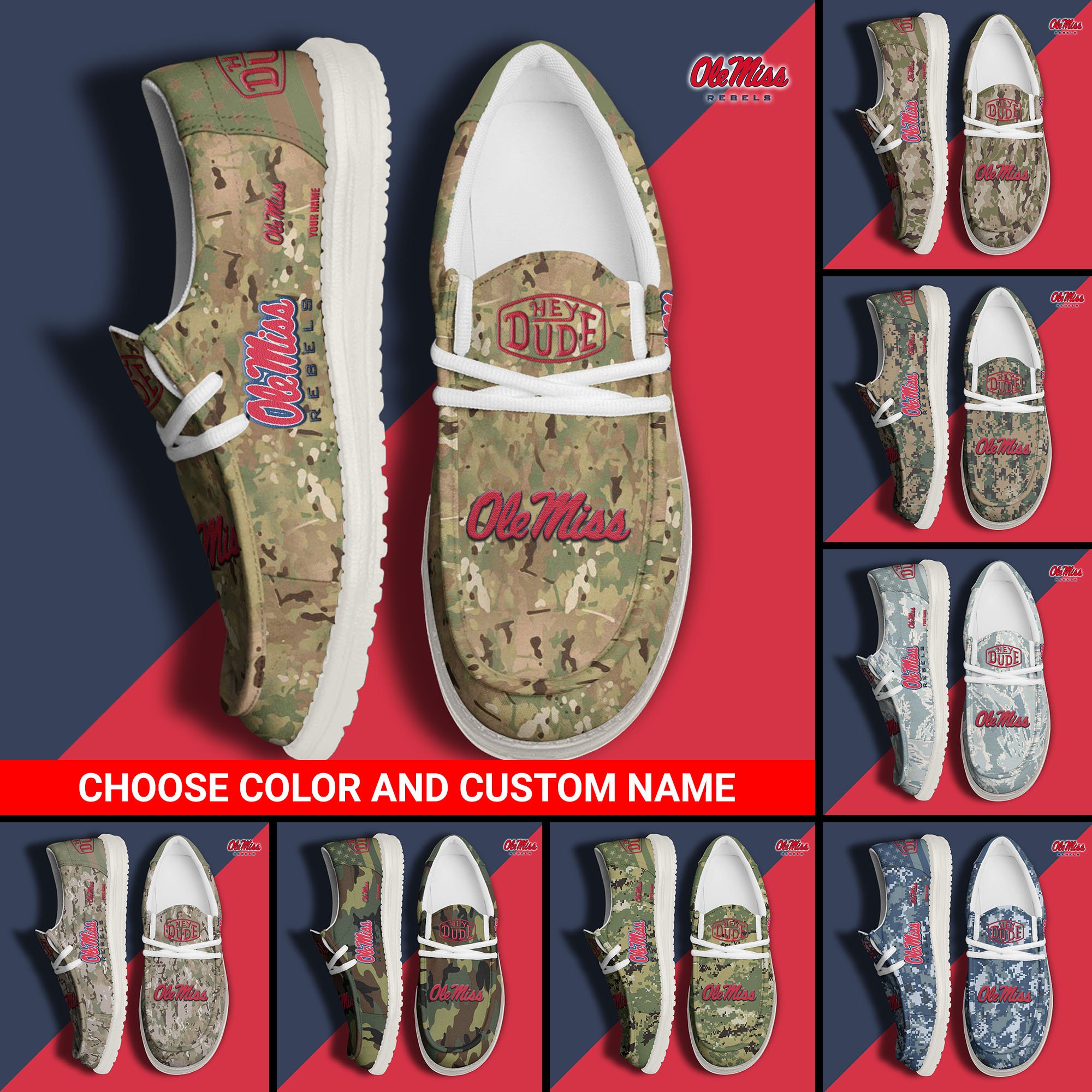 Ole Miss Rebels Football Hey Dude Canvas Loafer Shoes Custom Your Name And Choose Your Camo, Sport Shoes For Fan, Fan Gifts  EHIVM-61210