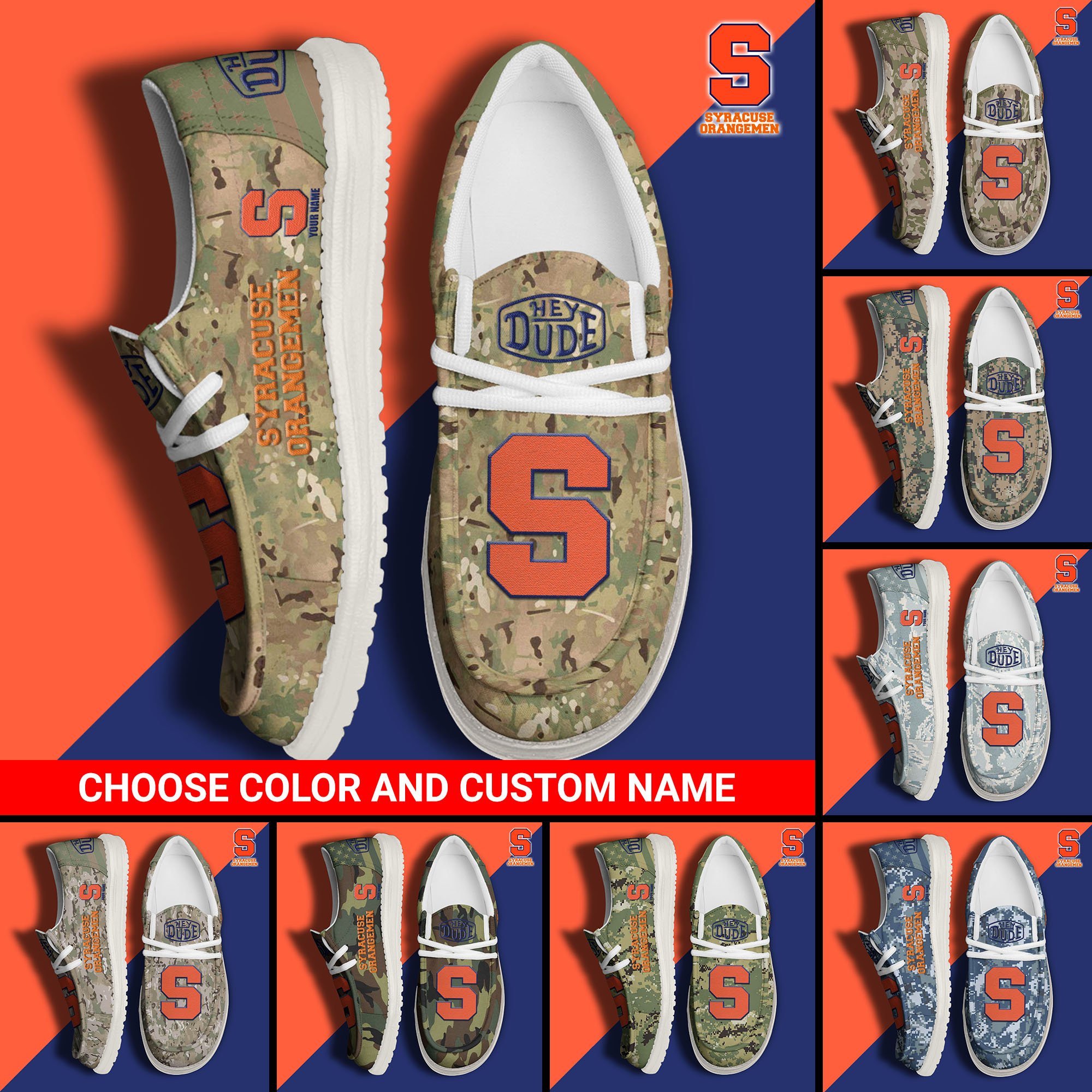 Syracuse Orange Football Hey Dude Canvas Loafer Shoes Custom Your Name And Choose Your Camo, Sport Shoes For Fan, Fan Gifts  EHIVM-61210