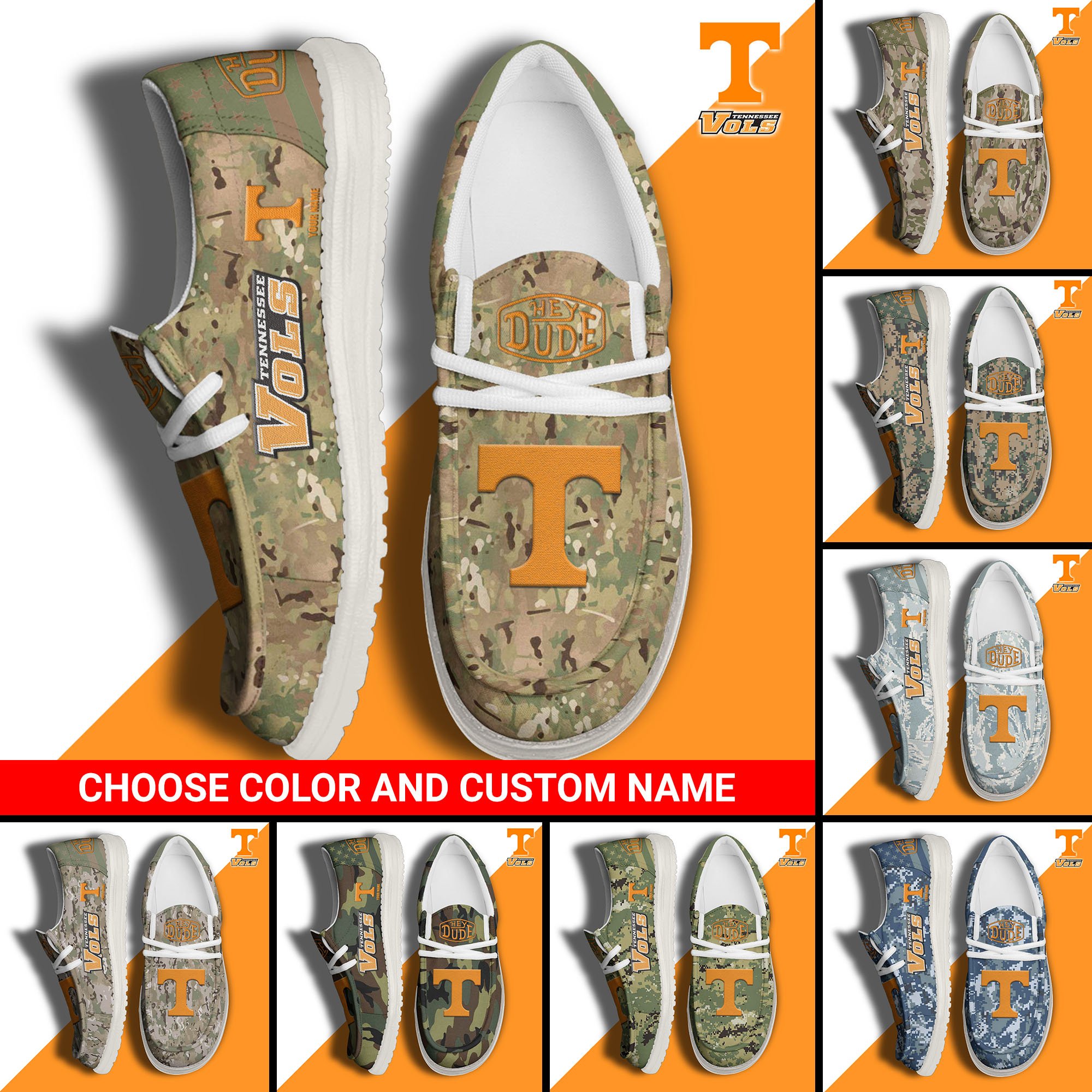 Tennessee Volunteers Football Hey Dude Canvas Loafer Shoes Custom Your Name And Choose Your Camo, Sport Shoes For Fan, Fan Gifts EHIVM-61210