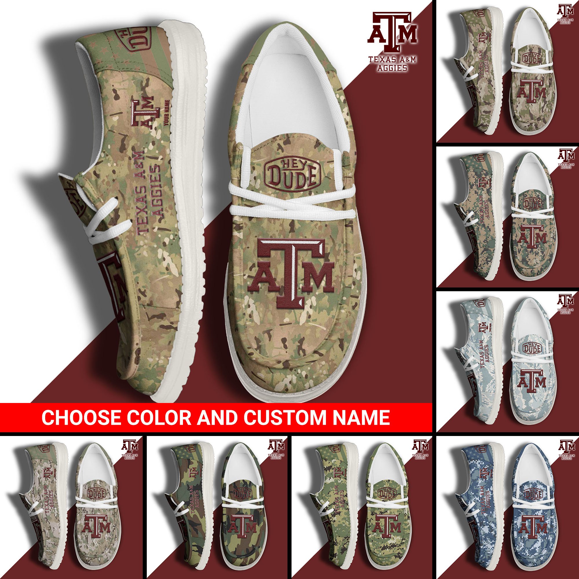 Texas A&M Aggies Football Hey Dude Canvas Loafer Shoes Custom Your Name And Choose Your Camo, Sport Shoes For Fan, Fan Gifts  EHIVM-61210