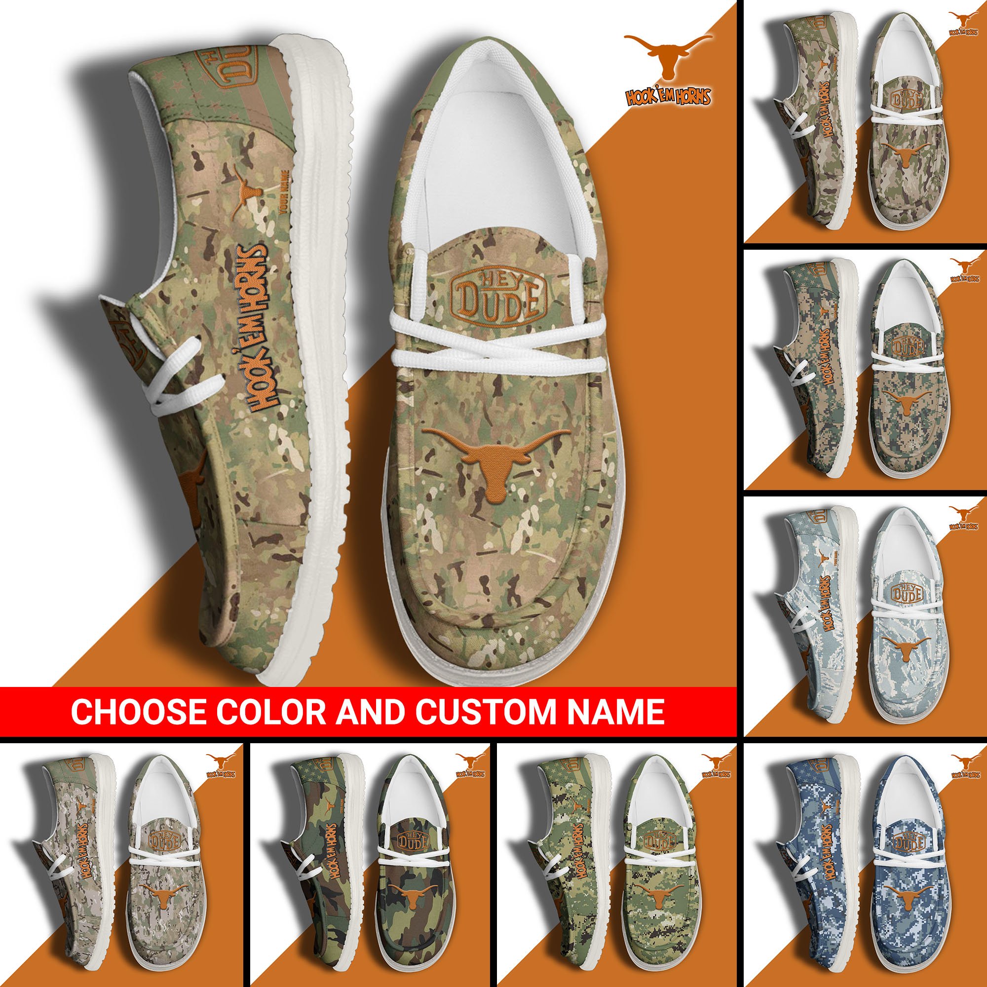 Texas Longhorns Football Hey Dude Canvas Loafer Shoes Custom Your Name And Choose Your Camo, Sport Shoes For Fan, Fan Gifts EHIVM-61210