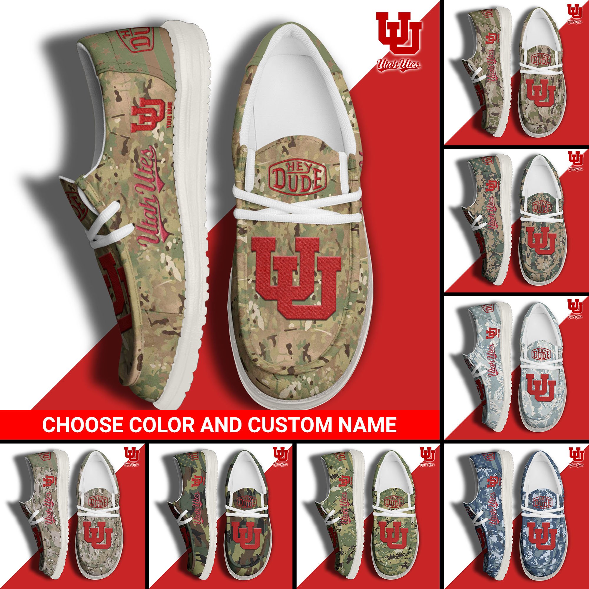 Utah Utes Football Hey Dude Canvas Loafer Shoes Custom Your Name And Choose Your Camo, Sport Shoes For Fan, Fan Gifts  EHIVM-61210