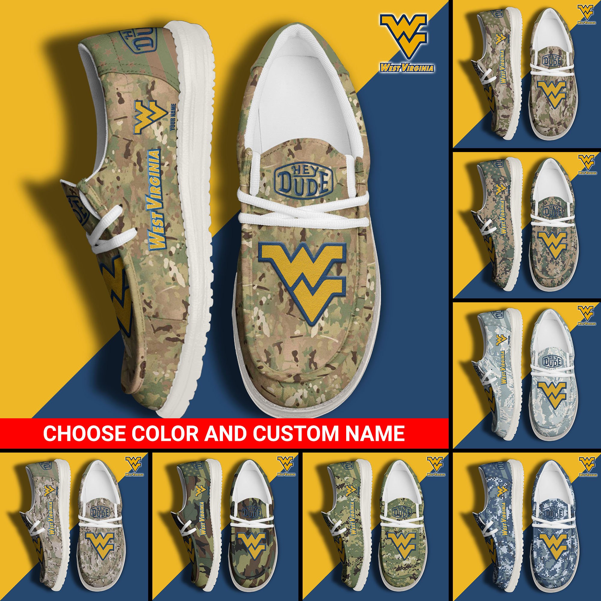 West Virginia Mountaineers Football Hey Dude Canvas Loafer Shoes Custom Your Name And Choose Your Camo, Sport Shoes For Fan, Fan Gifts  EHIVM-61210