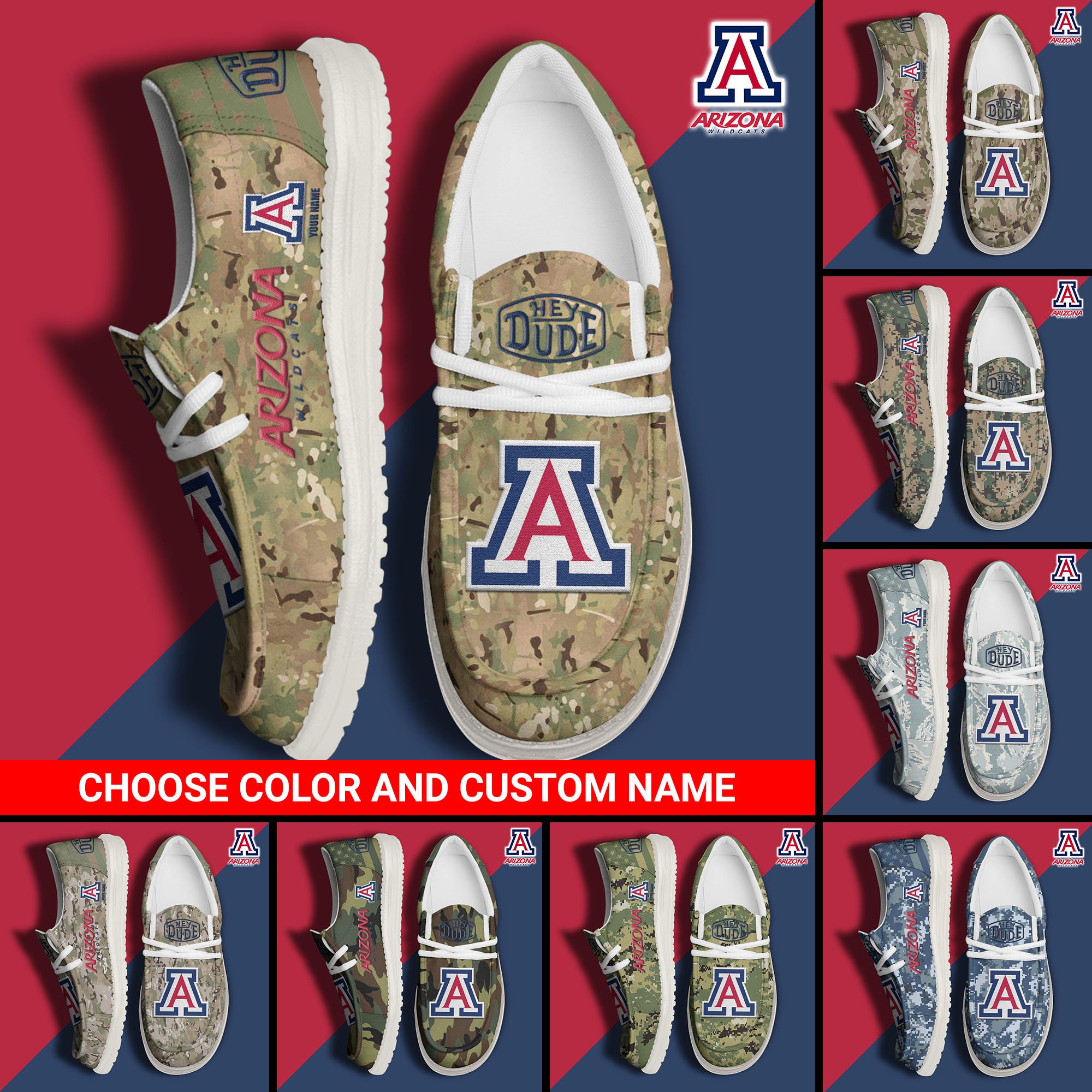 Arizona Wildcats Football Hey Dude Canvas Loafer Shoes Custom Your Name And Choose Your Camo, Sport Shoes For Fan, Fan Gifts  EHIVM-61210