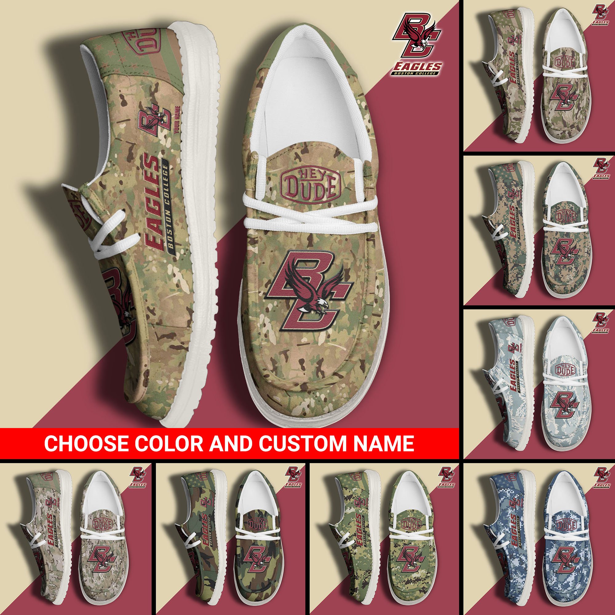 Boston College Eagles Football Hey Dude Canvas Loafer Shoes Custom Your Name And Choose Your Camo, Sport Shoes For Fan, Fan Gifts  EHIVM-61210