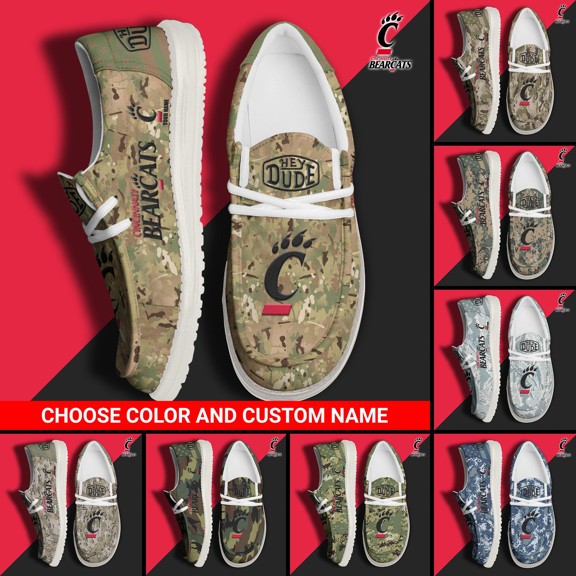 Cincinnati Bearcats Football Hey Dude Canvas Loafer Shoes Custom Your Name And Choose Your Camo, Sport Shoes For Fan, Fan Gifts  EHIVM-61210