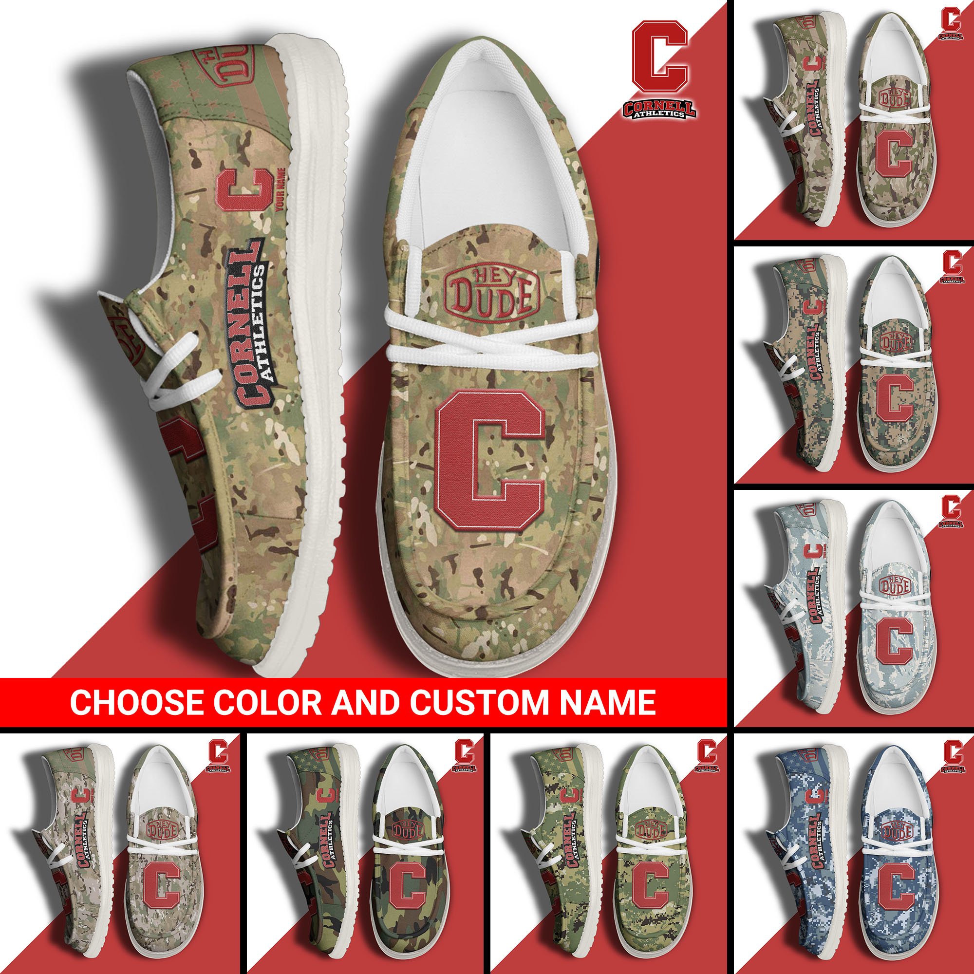 Cornell Big Red Football Hey Dude Canvas Loafer Shoes Custom Your Name And Choose Your Camo, Sport Shoes For Fan, Fan Gifts  EHIVM-61210