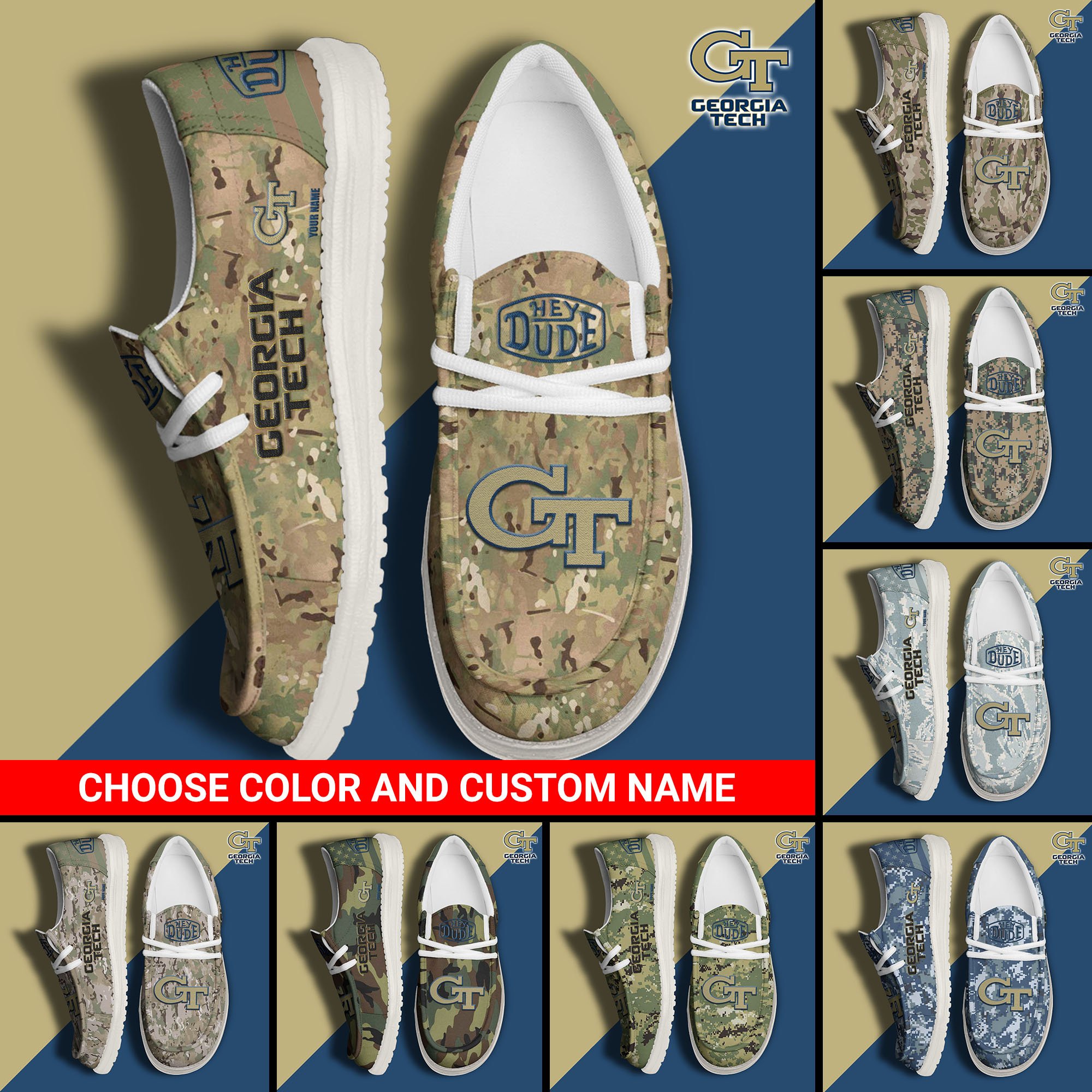 Georgia Tech Yellow Jackets Football Hey Dude Canvas Loafer Shoes Custom Your Name And Choose Your Camo, Sport Shoes For Fan, Fan Gifts  EHIVM-61210