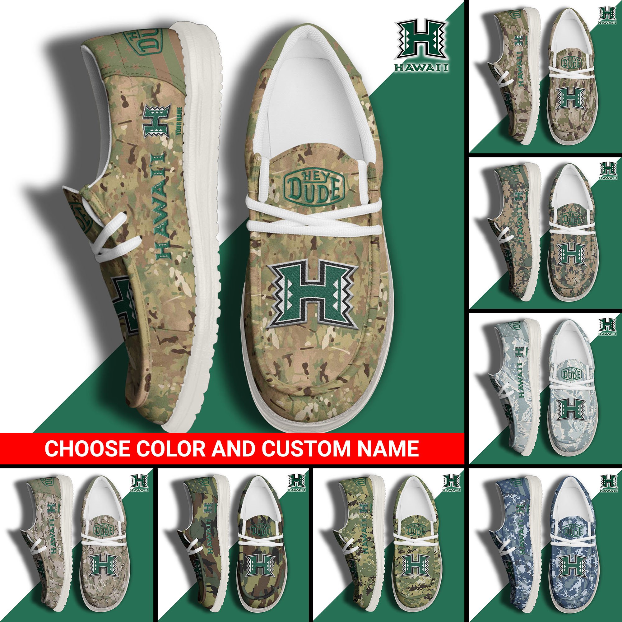 Hawaii Rainbow Warriors Football Hey Dude Canvas Loafer Shoes Custom Your Name And Choose Your Camo, Sport Shoes For Fan, Fan Gifts  EHIVM-61210