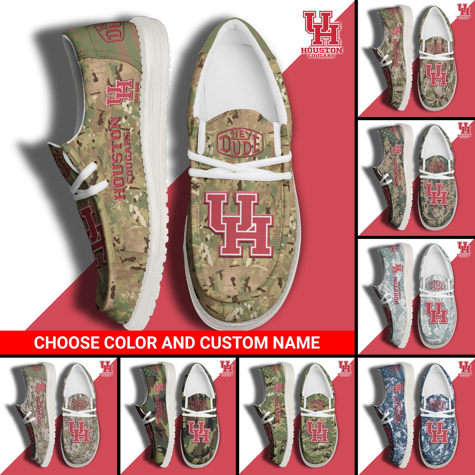 Houston Cougars Football Hey Dude Canvas Loafer Shoes Custom Your Name And Choose Your Camo, Sport Shoes For Fan, Fan Gifts  EHIVM-61210