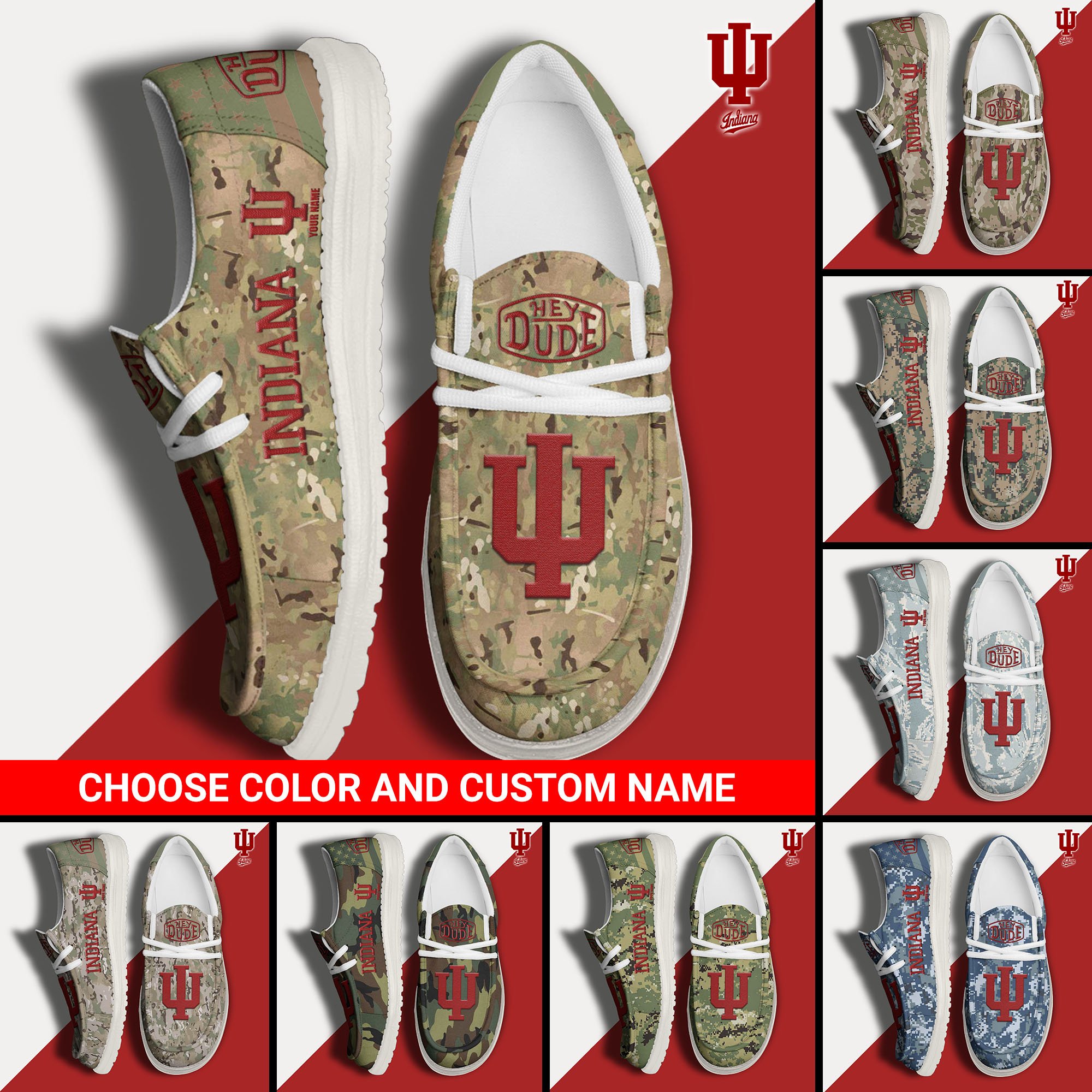 Indiana Hoosiers Football Hey Dude Canvas Loafer Shoes Custom Your Name And Choose Your Camo, Sport Shoes For Fan, Fan Gifts  EHIVM-61210