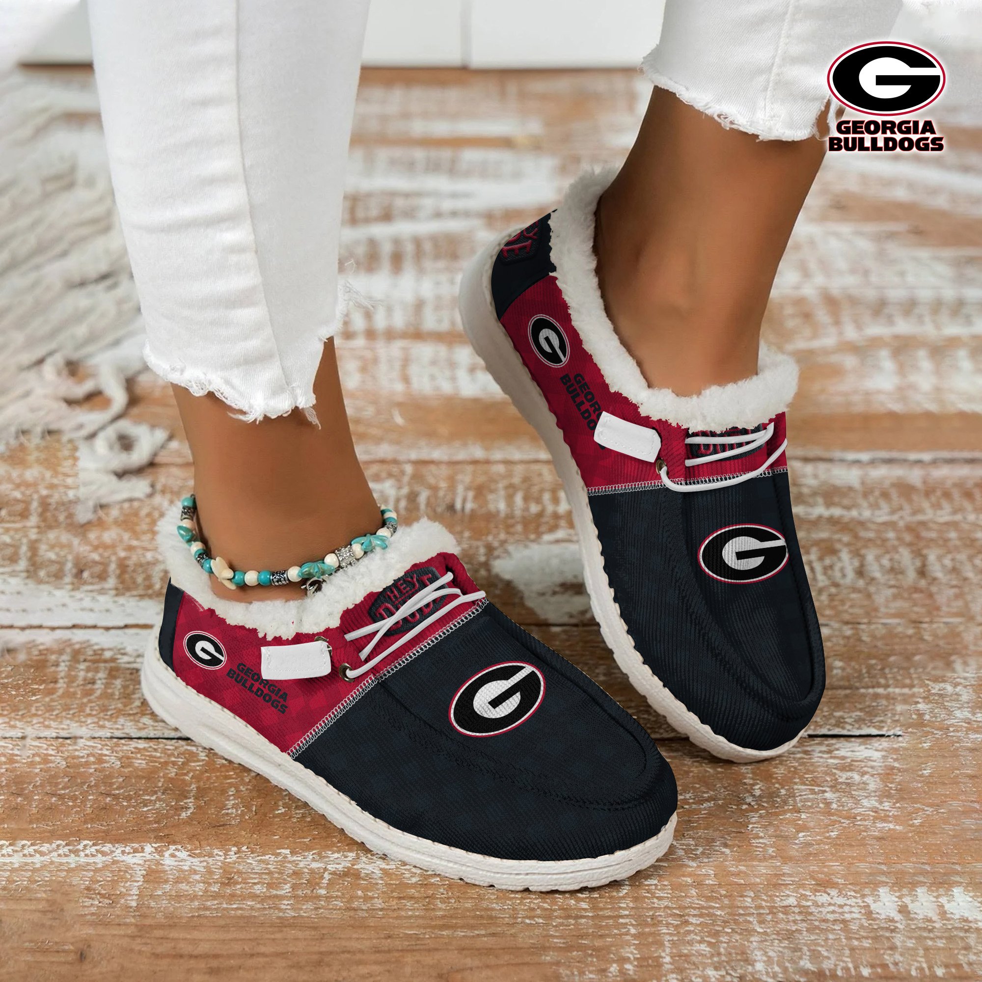 Georgia Bulldogs Football Hey Dude With Warm Fur Lining Shoes Custom Your Name, Sport Shoes For Fan, Fan Gifts EHIVM-61674