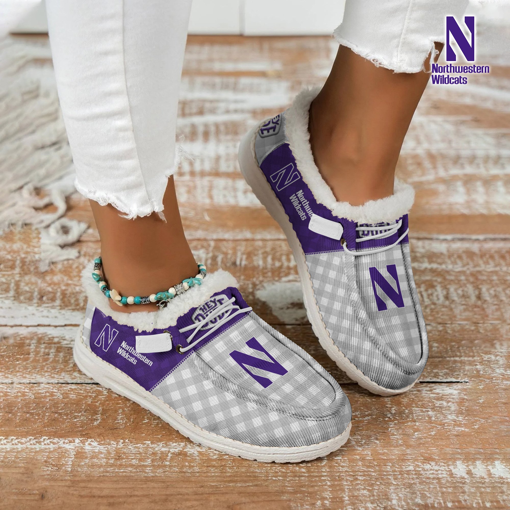 Northwestern Wildcats Football Hey Dude With Warm Fur Lining Shoes Custom Your Name, Sport Shoes For Fan, Fan Gifts EHIVM-61674