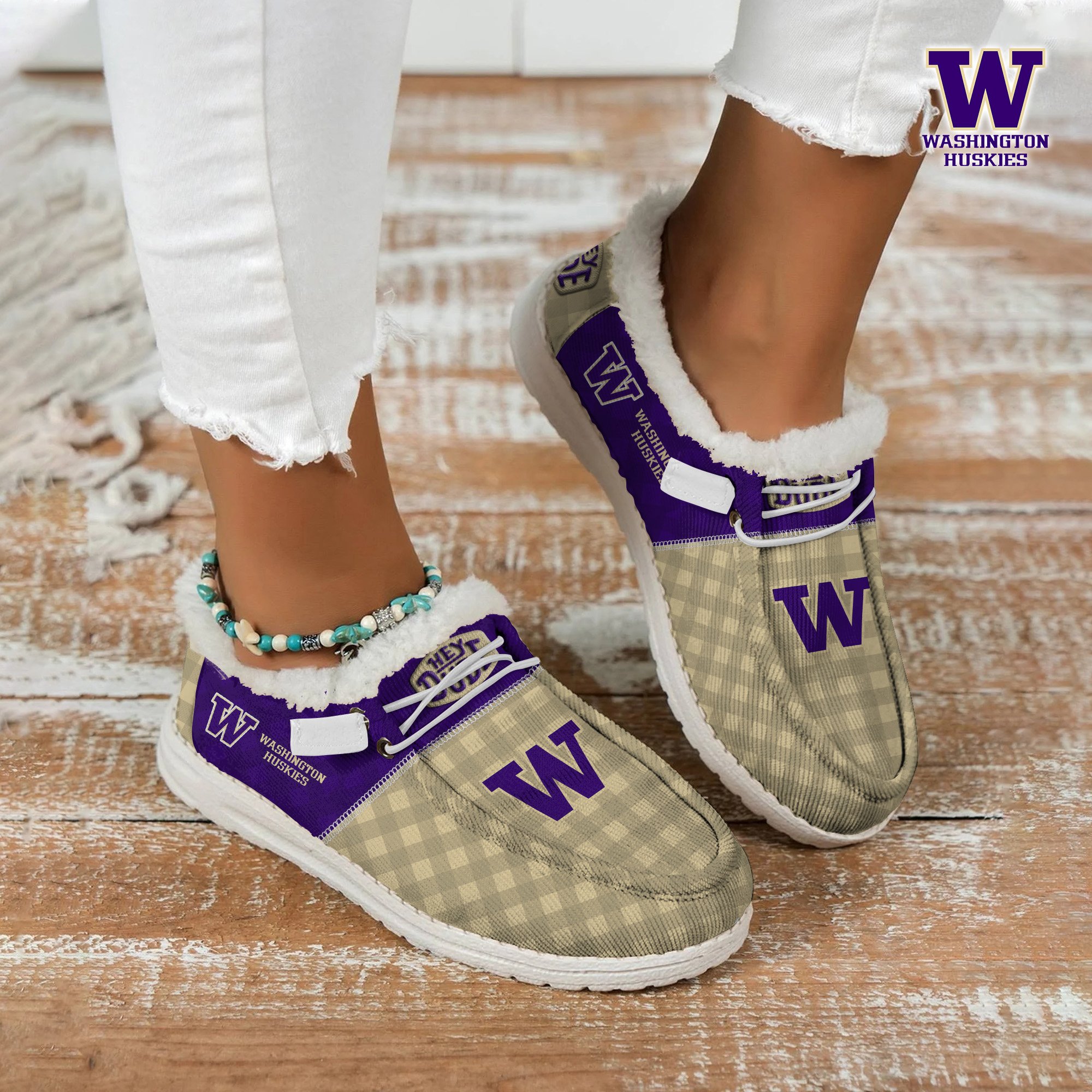 Washington Huskies Football Hey Dude With Warm Fur Lining Shoes Custom Your Name, Sport Shoes For Fan, Fan Gifts EHIVM-61674