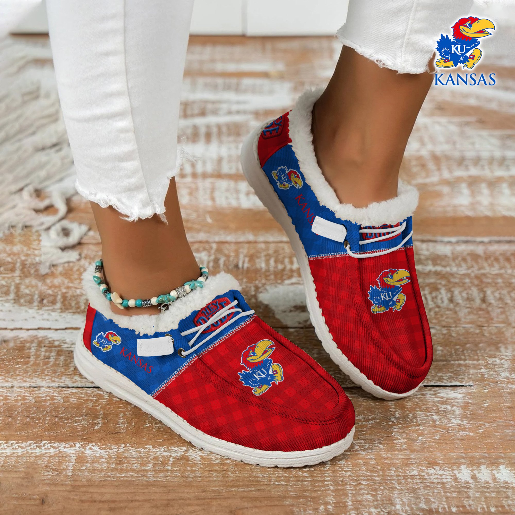 Kansas Jayhawks Football Hey Dude With Warm Fur Lining Shoes Custom Your Name, Sport Shoes For Fan, Fan Gifts EHIVM-61674