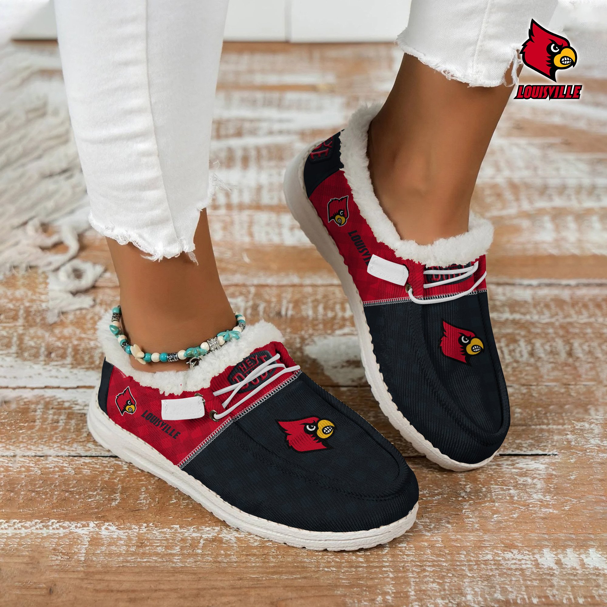 Louisville Cardinals Football Hey Dude With Warm Fur Lining Shoes Custom Your Name, Sport Shoes For Fan, Fan Gifts EHIVM-61674