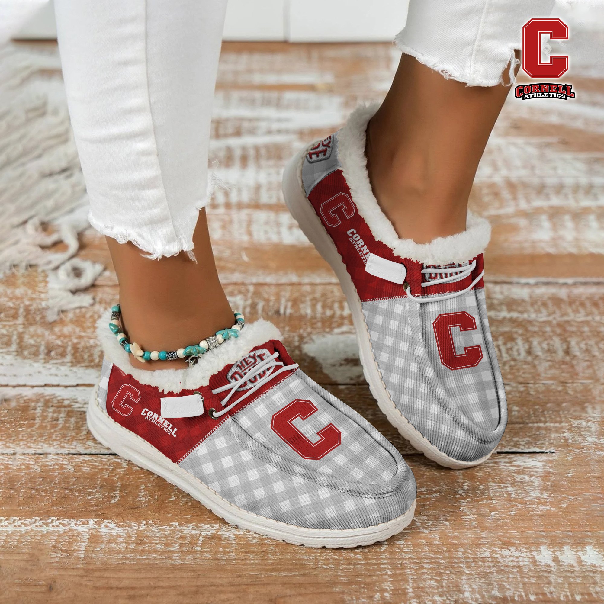 Cornell Big Red Football Hey Dude With Warm Fur Lining Shoes Custom Your Name, Sport Shoes For Fan, Fan Gifts EHIVM-61674