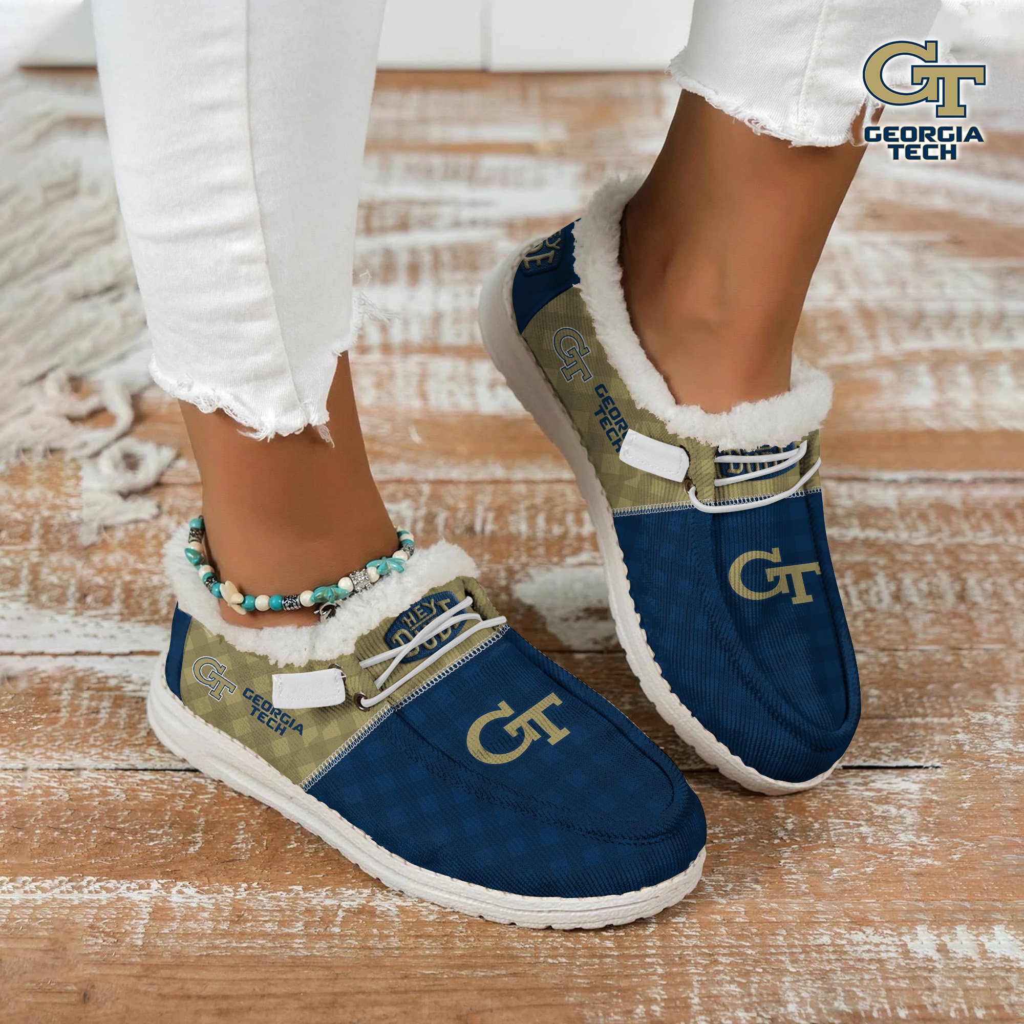 Georgia Tech Yellow Jackets Football Hey Dude With Warm Fur Lining Shoes Custom Your Name, Sport Shoes For Fan, Fan Gifts EHIVM-61674