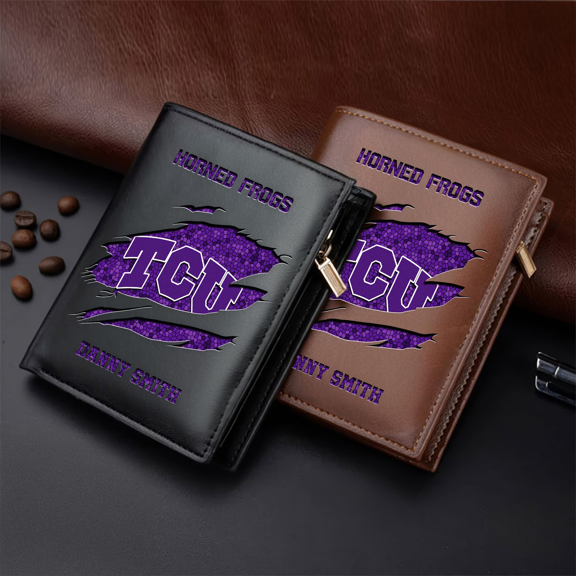 TCU Horned Frogs Leather Vertical Wallet Custom Your Name, Football Team Men Wallet For Fans, Gifts For Football Lovers  EHIVM-62131