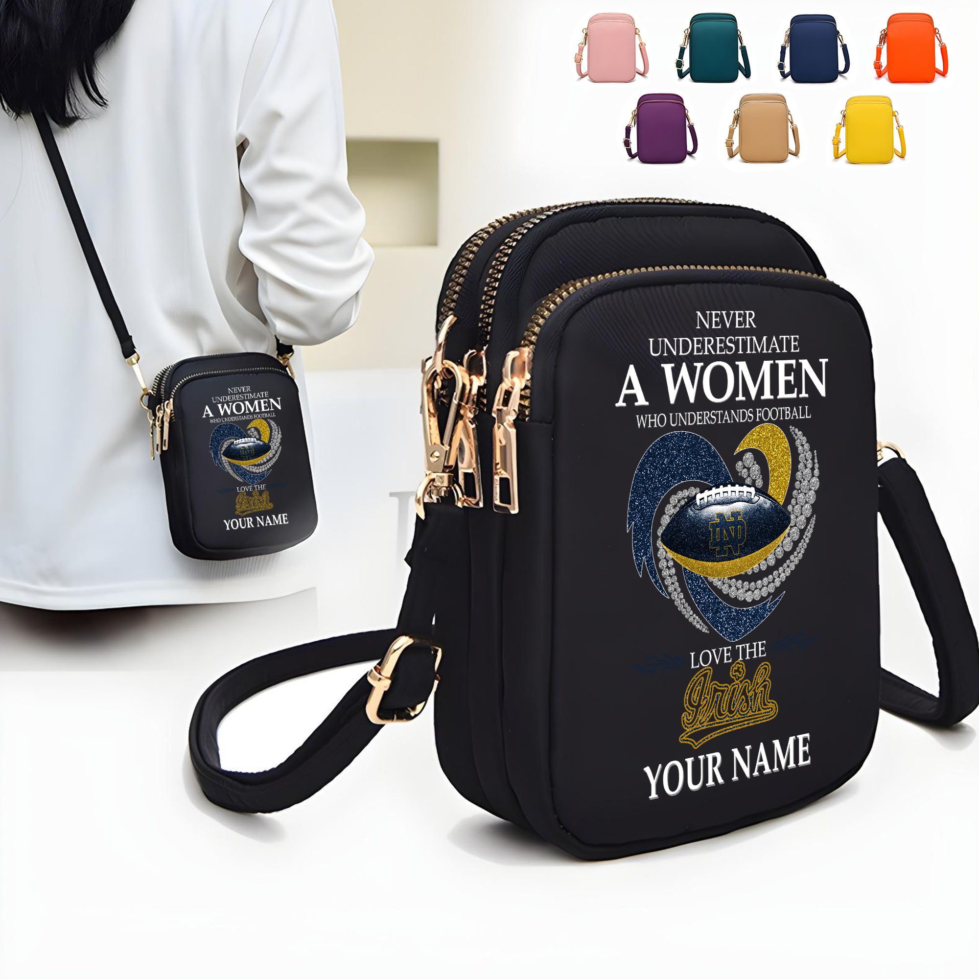 Notre Dame Fighting Irish Women’s Mini Crossbody, Cell Phone Purse, Zipper Shoulder Bag Custom Your Name, Gifts For Football Lovers  EHIVM-62428