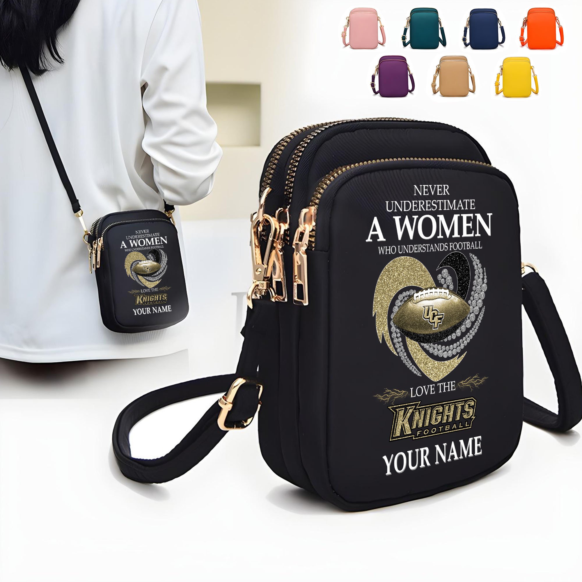 UCF Knights Women’s Mini Crossbody, Cell Phone Purse, Zipper Shoulder Bag Custom Your Name, Gifts For Football Lovers  EHIVM-62428