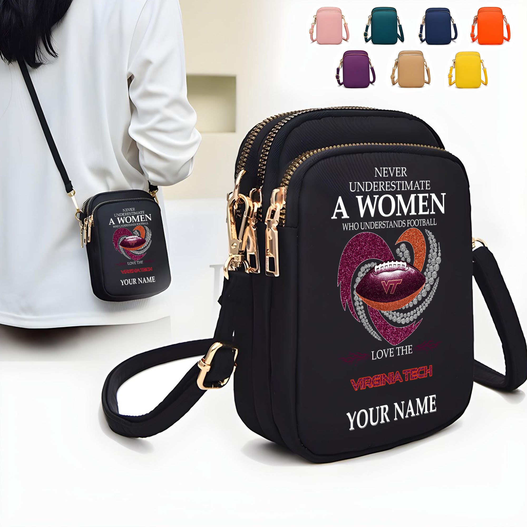 Virginia Tech Hokies Women’s Mini Crossbody, Cell Phone Purse, Zipper Shoulder Bag Custom Your Name, Gifts For Football Lovers  EHIVM-62428