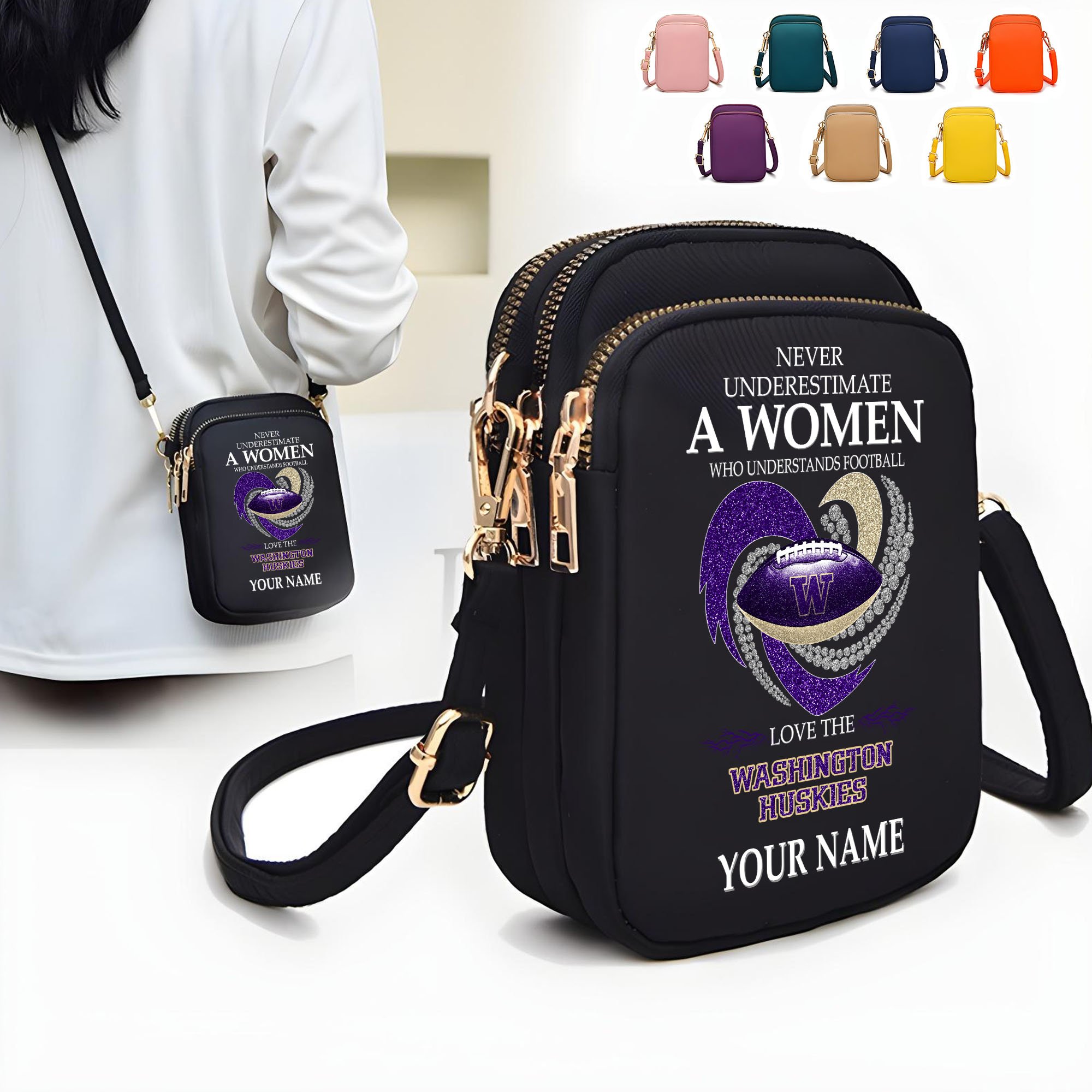 Washington Huskies Women’s Mini Crossbody, Cell Phone Purse, Zipper Shoulder Bag Custom Your Name, Gifts For Football Lovers  EHIVM-62428