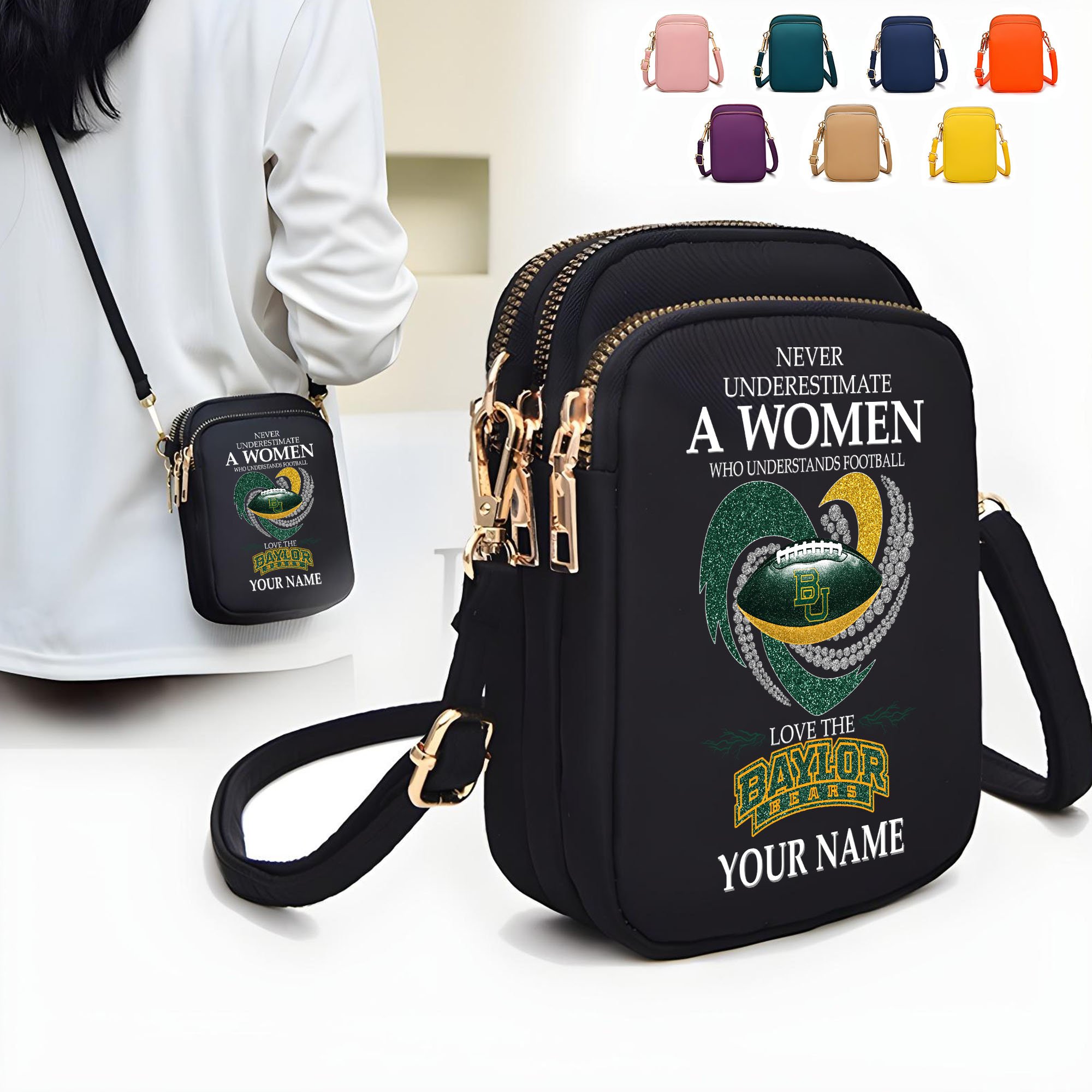 Baylor Bears Women’s Mini Crossbody, Cell Phone Purse, Zipper Shoulder Bag Custom Your Name, Gifts For Football Lovers  EHIVM-62428